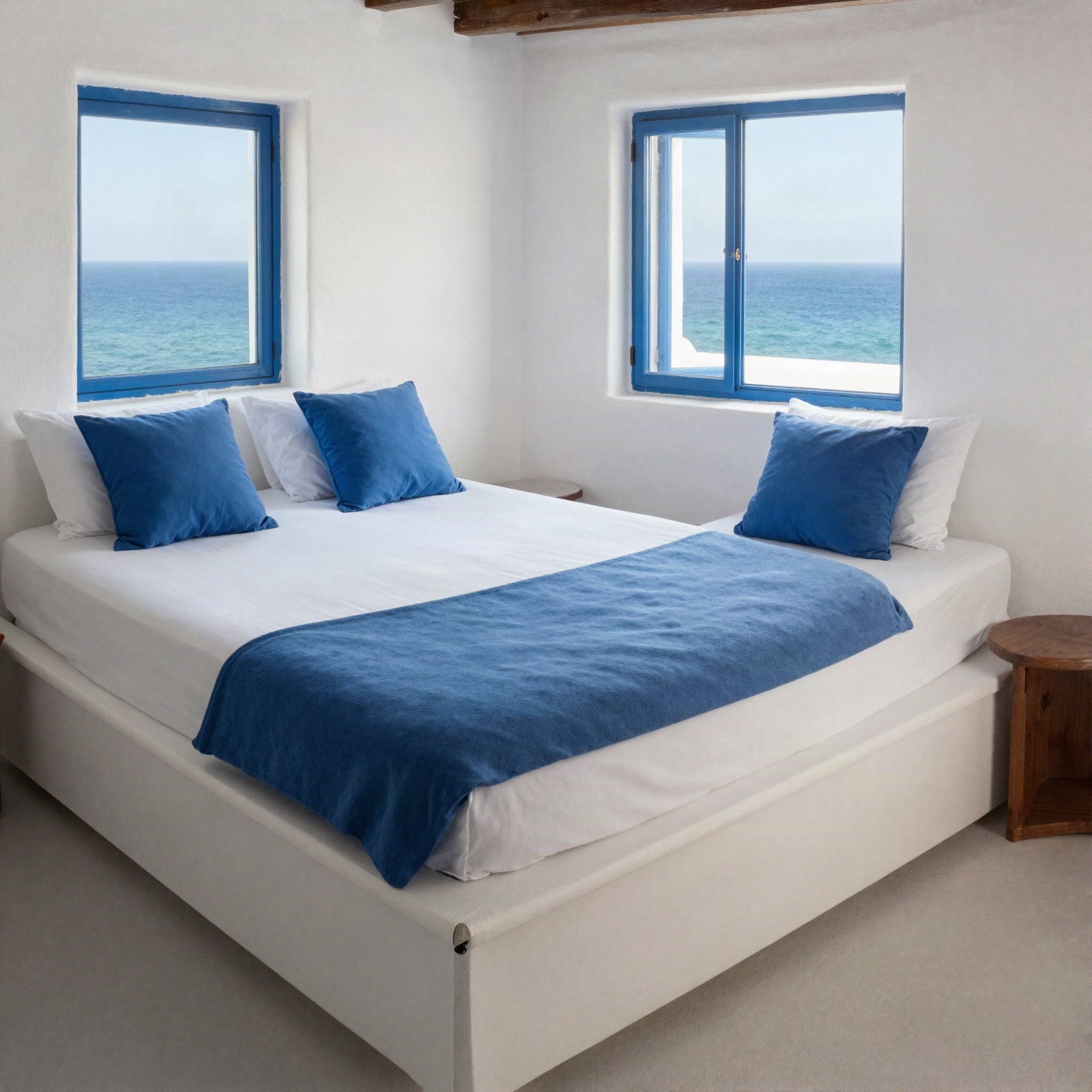 Double deluxe room with blue cushions and windows onto the sea
