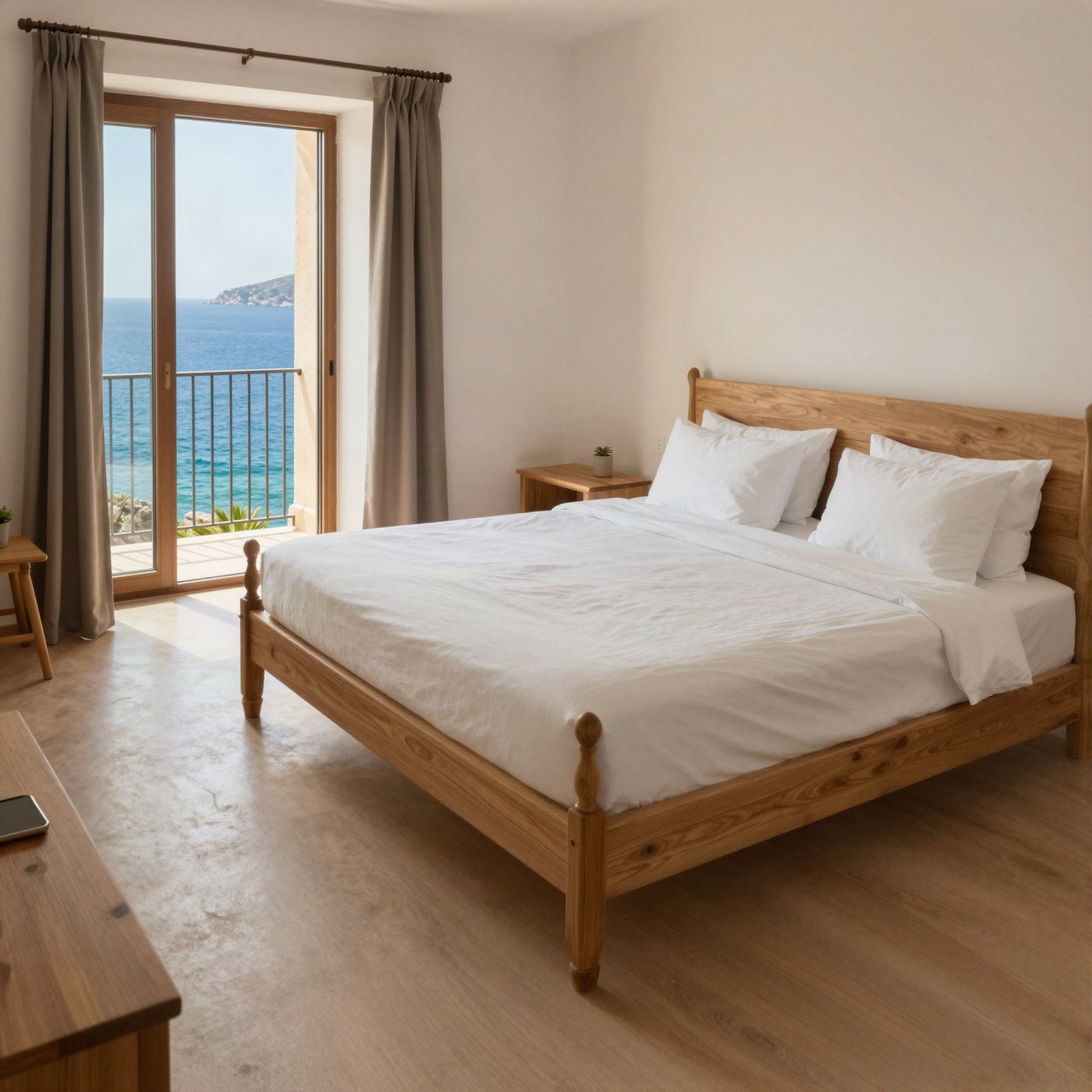Double room with a wooden bed and a balcony over the sea
