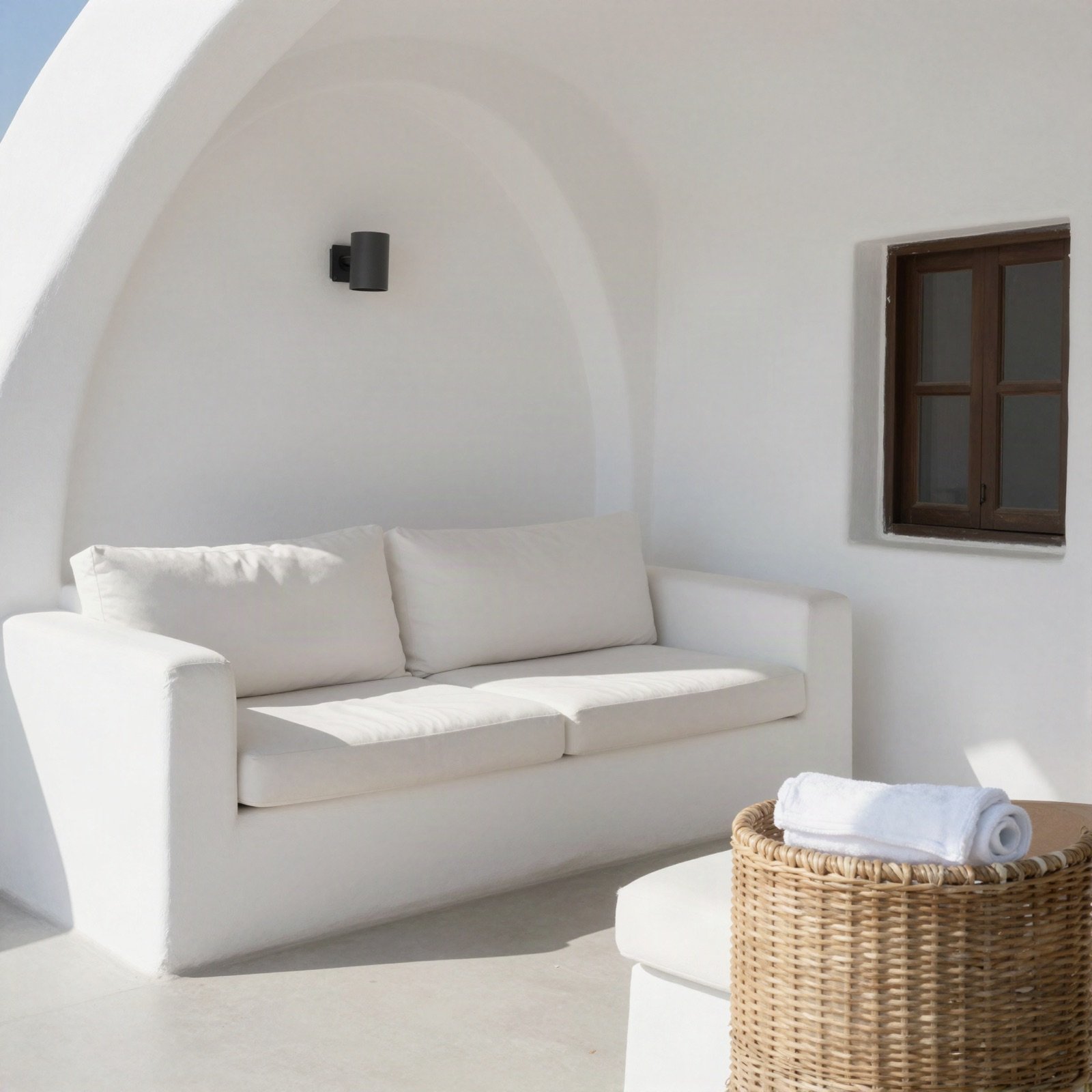 Suite sitting area with a white sofa under a whitewashed arch