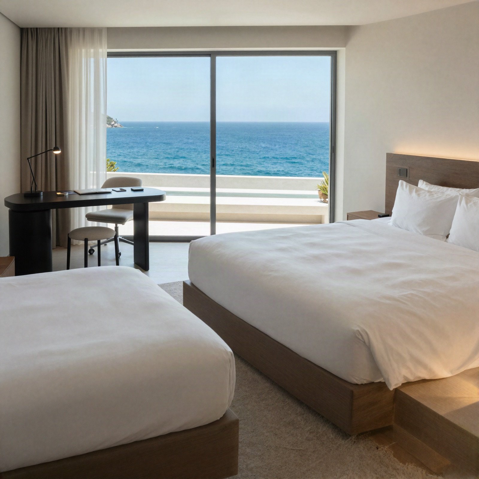 Executive suite with a desk and floor-to-ceiling sea view