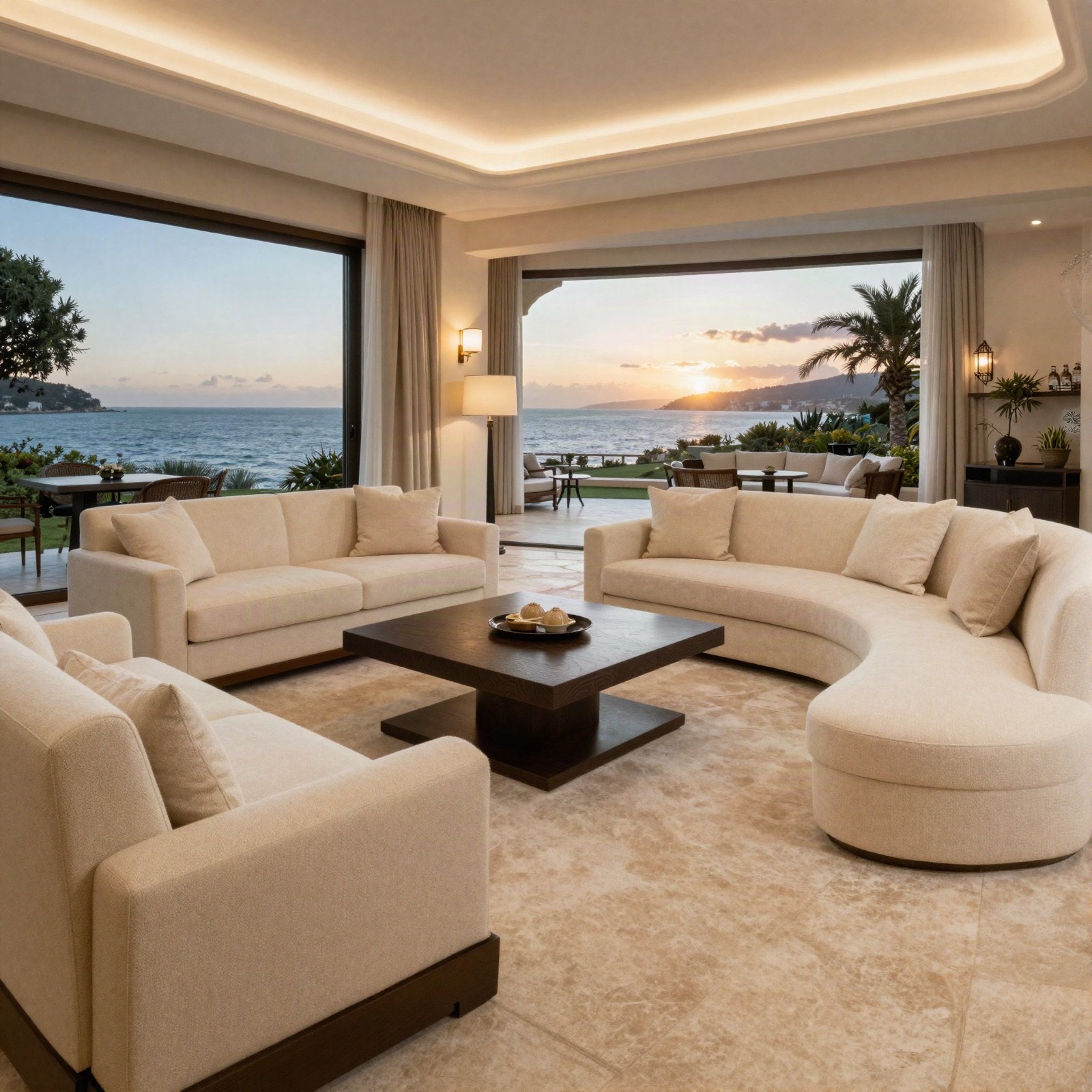 Presidential suite lounge with cream sofas and a sunset sea view