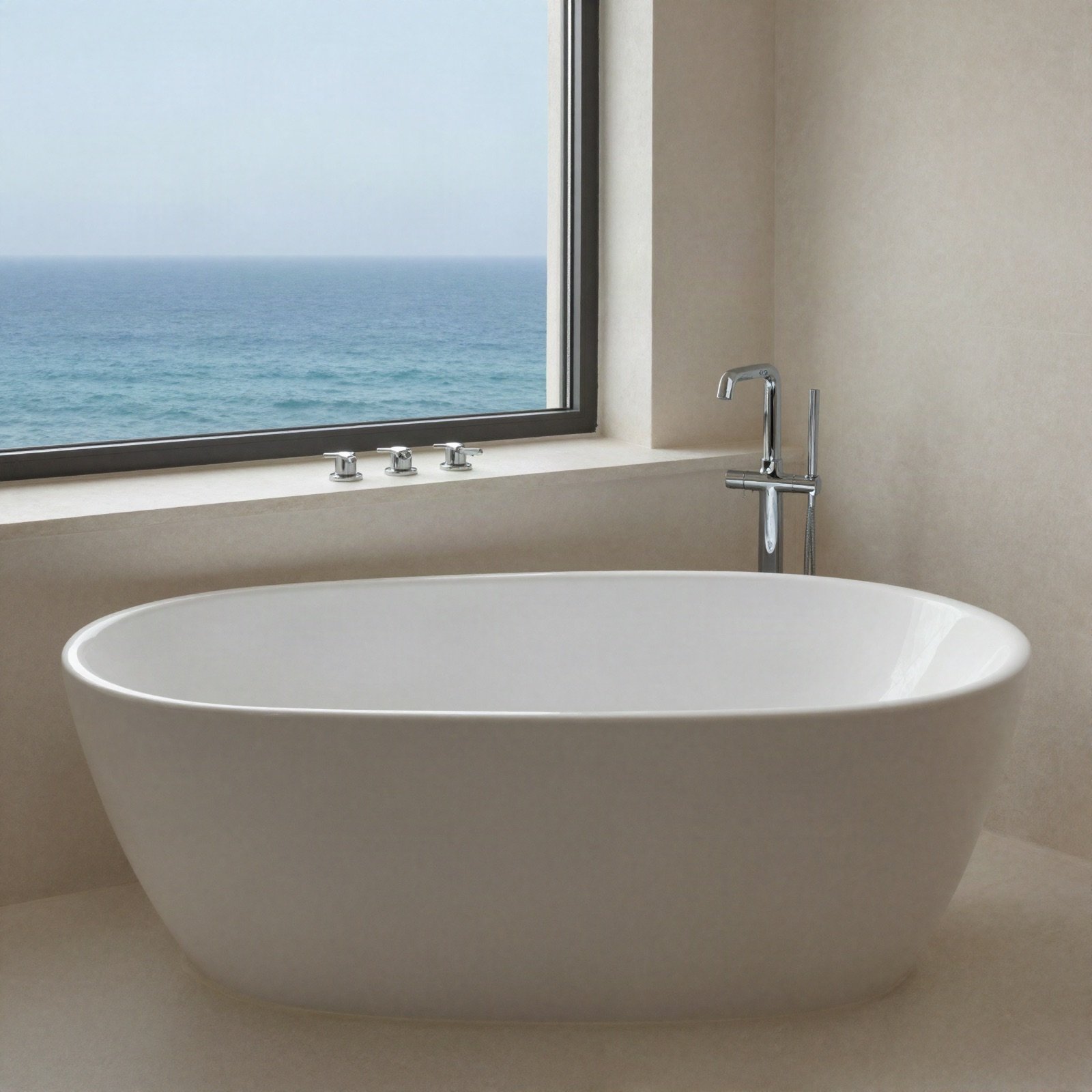 Freestanding soaking bathtub beside a window with sea view