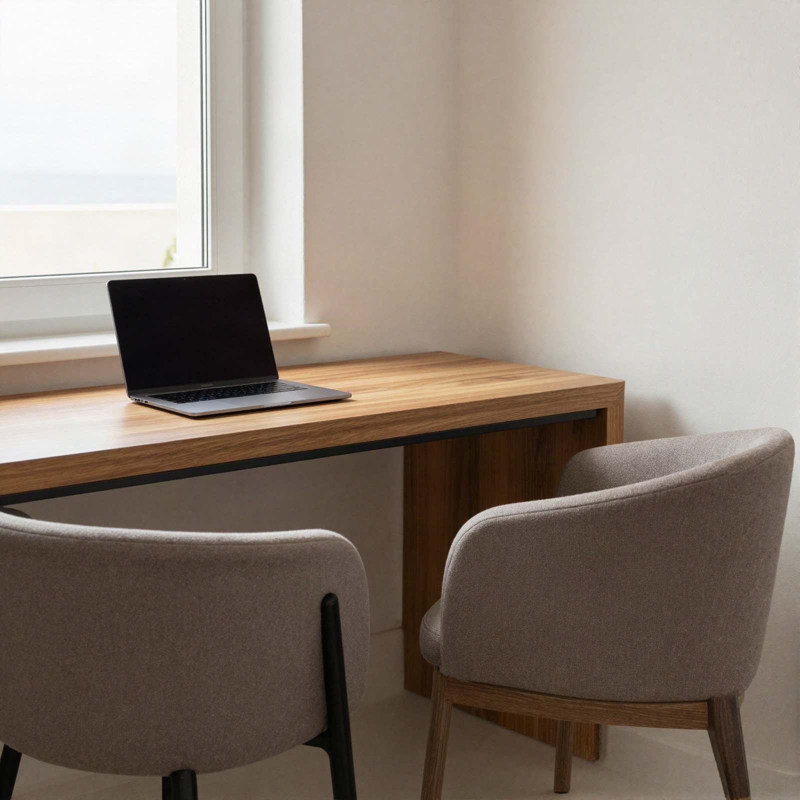 Guest work desk with a laptop beside a bright window