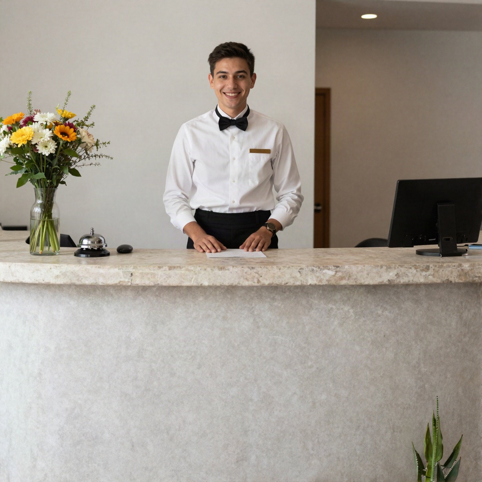Smiling concierge at a stone reception desk with flowers