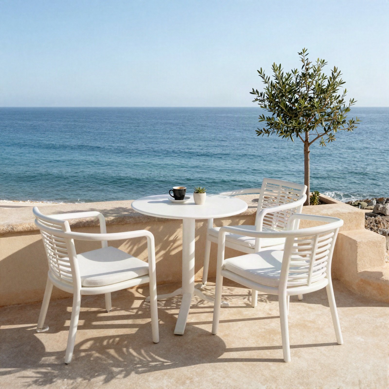 Terrace table with coffee overlooking the open sea