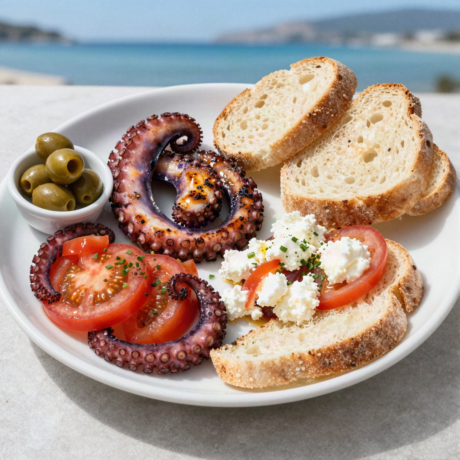 Plate of grilled octopus, tomatoes, feta, olives and bread