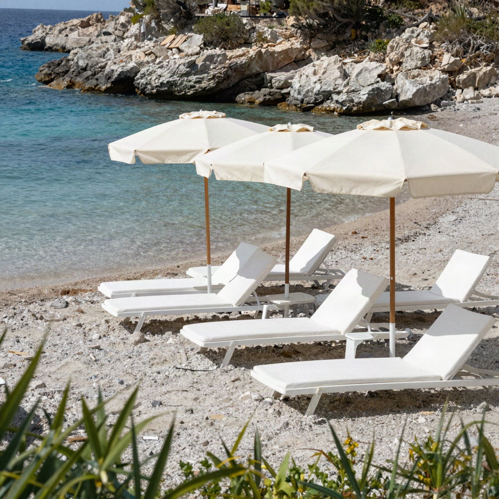 Private beach with white loungers and parasols by clear water