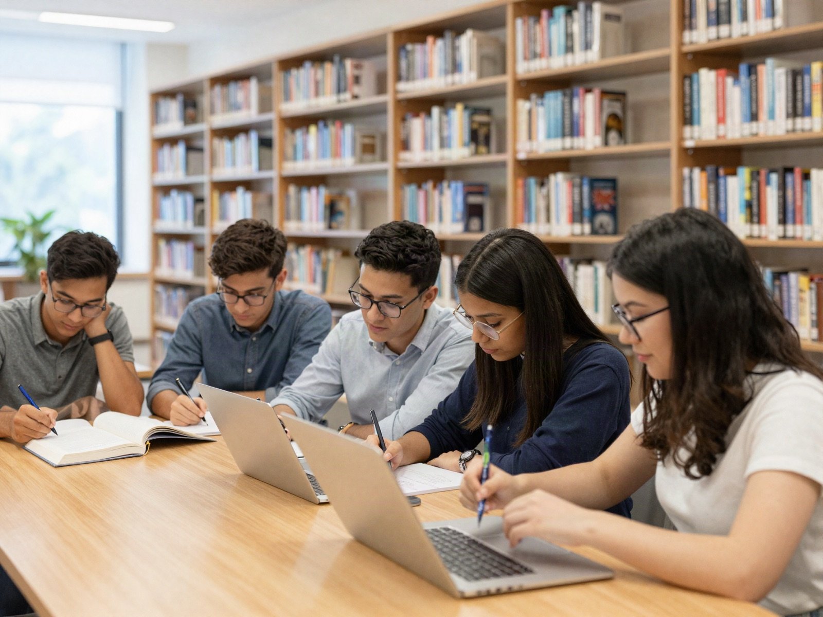 طلاب يدرسون معًا في مكتبة الجامعة
