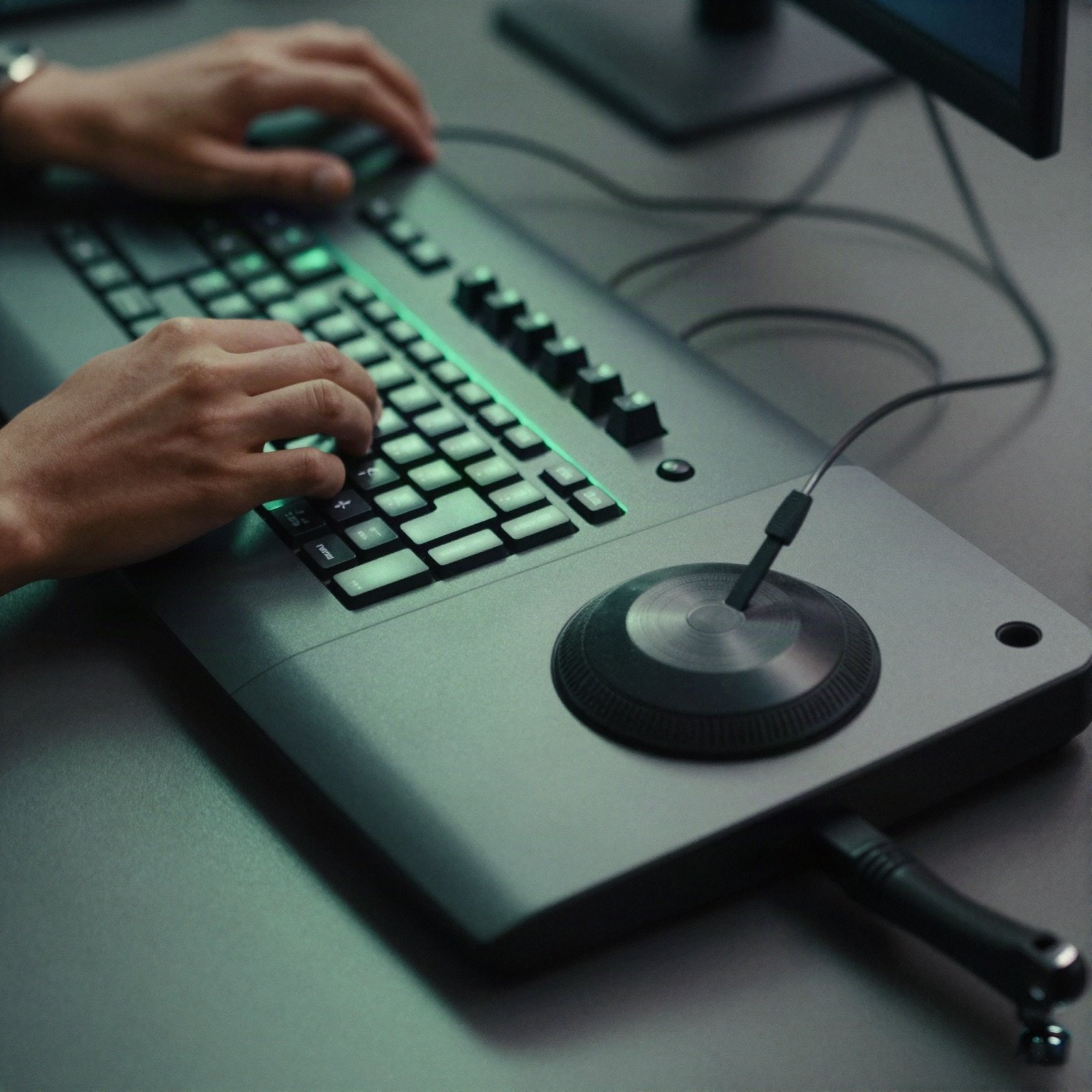 Hands on an editing keyboard and jog wheel
