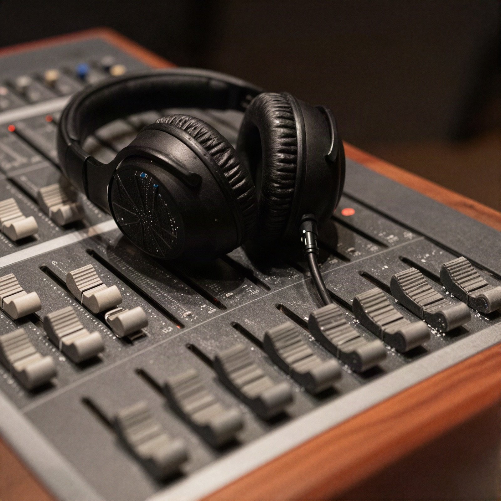 Studio headphones on an audio mixing desk