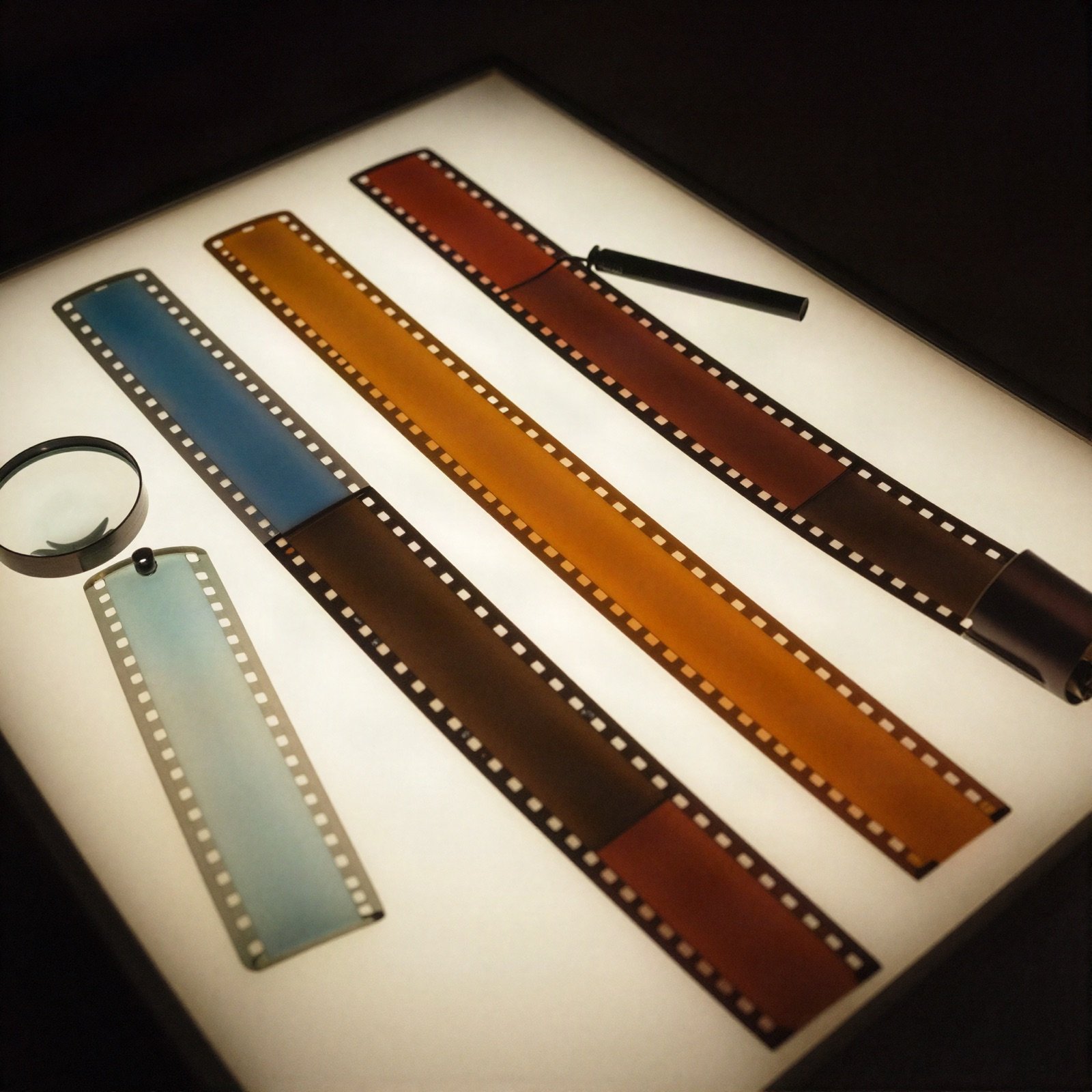 Strips of colour film negatives on a glowing lightbox