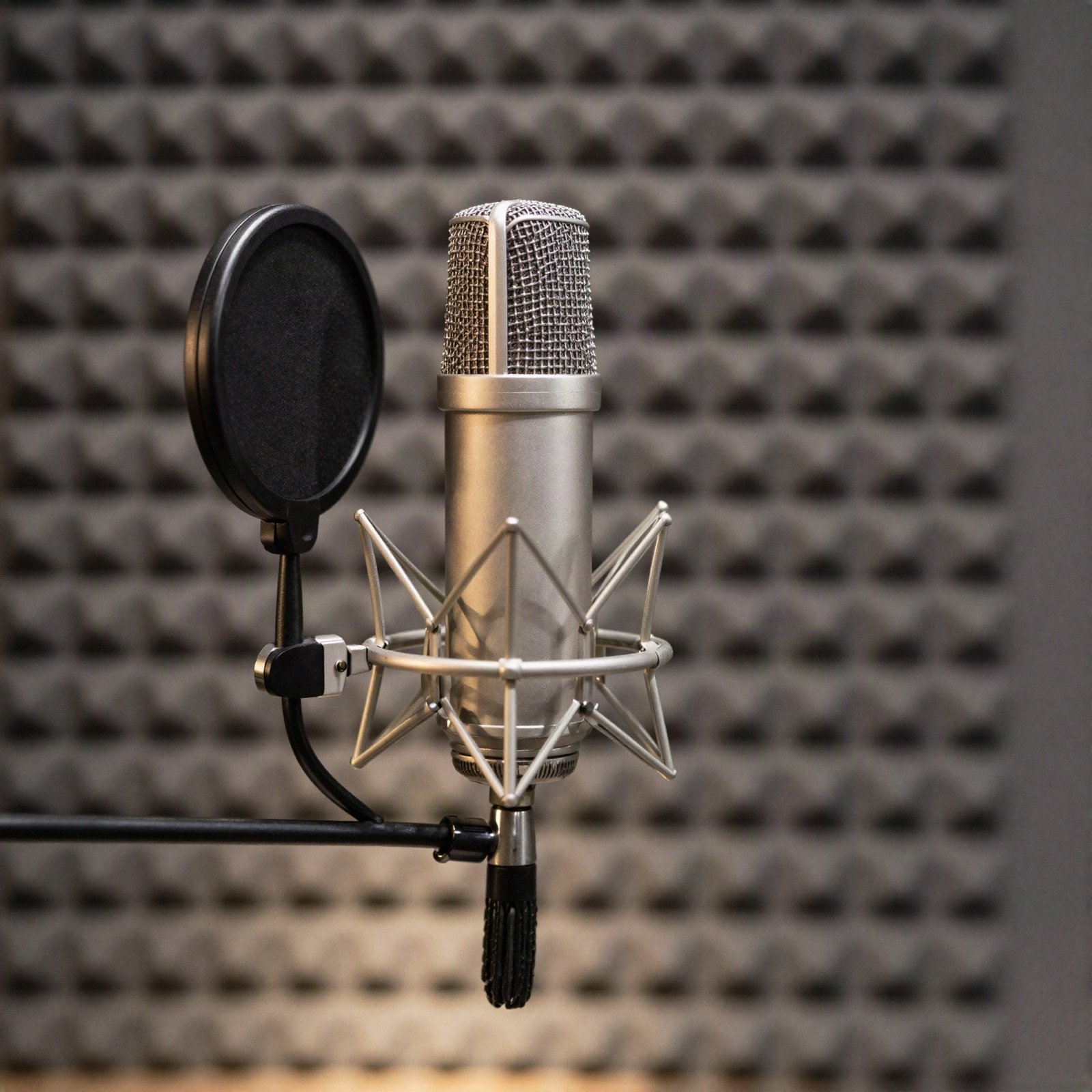 Studio microphone with a pop filter in a sound booth