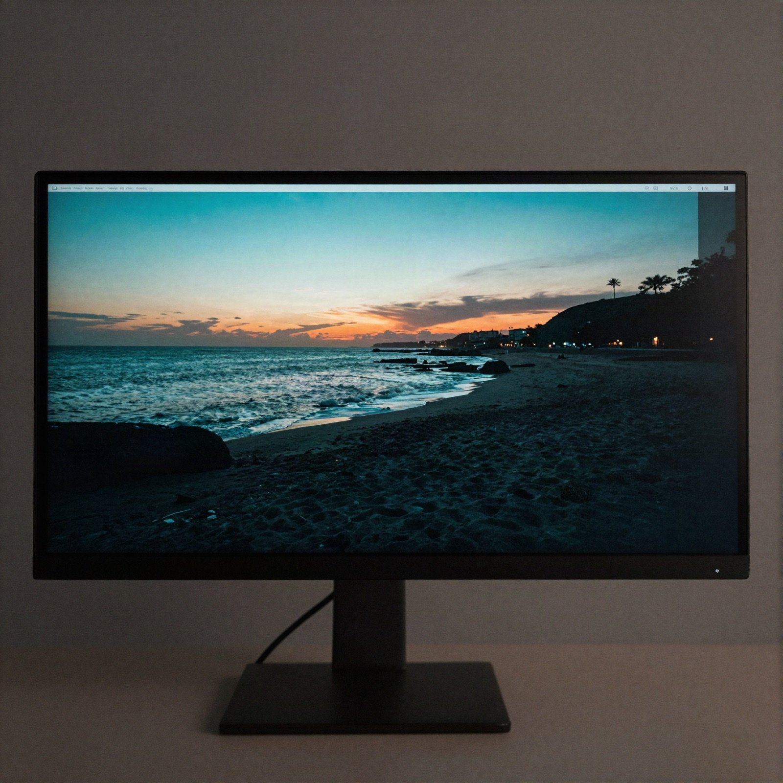 Monitor showing a teal and orange coastal sunset frame