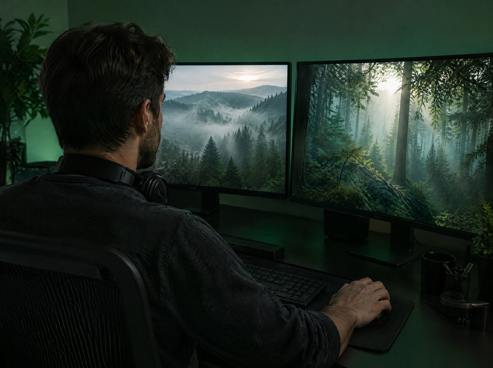 A video editor at a dark desk with two monitors showing a misty forest scene