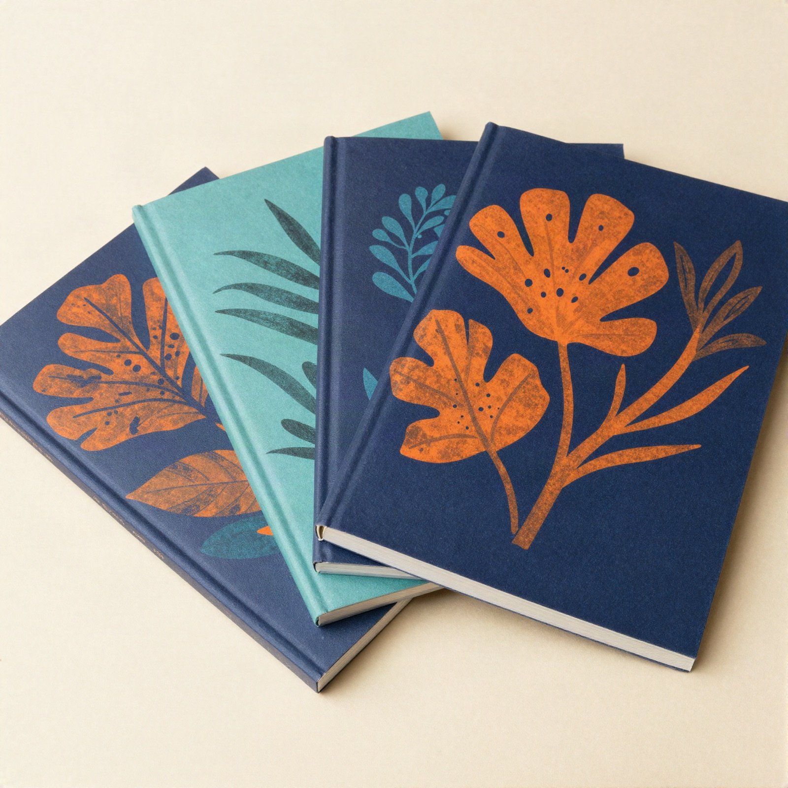 Fanned printed book covers with orange and teal botanical illustrations