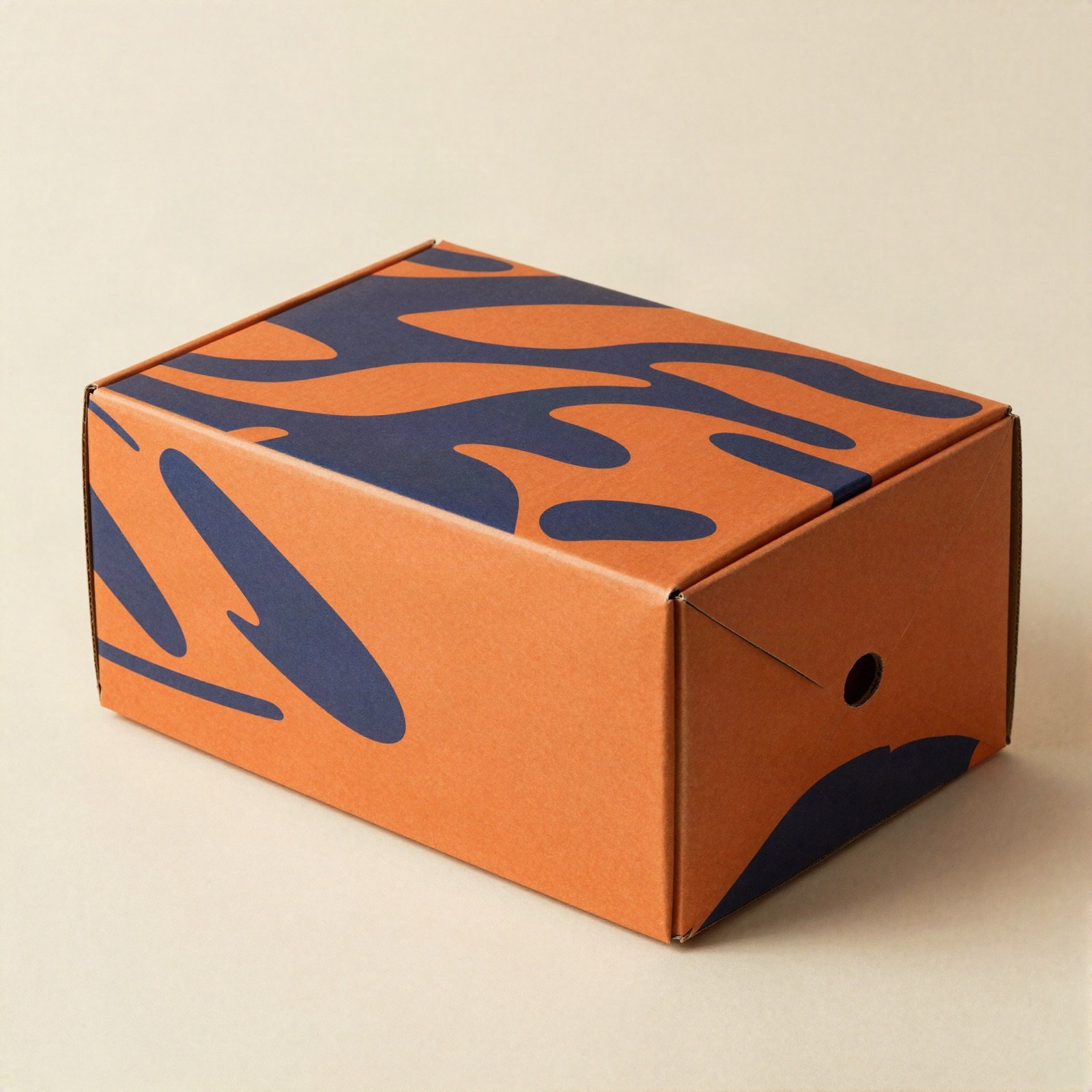 Orange and navy patterned packaging box