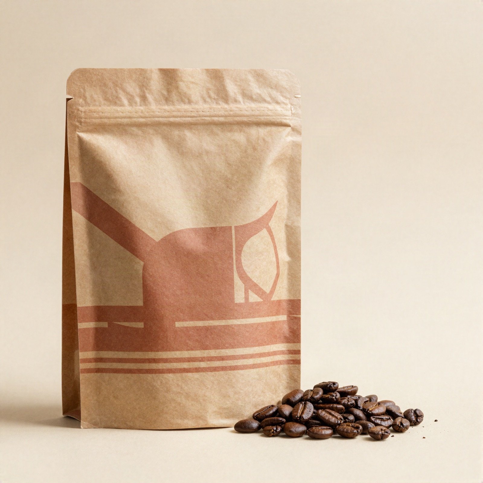 Kraft coffee pouch with a terracotta geometric pattern and coffee beans