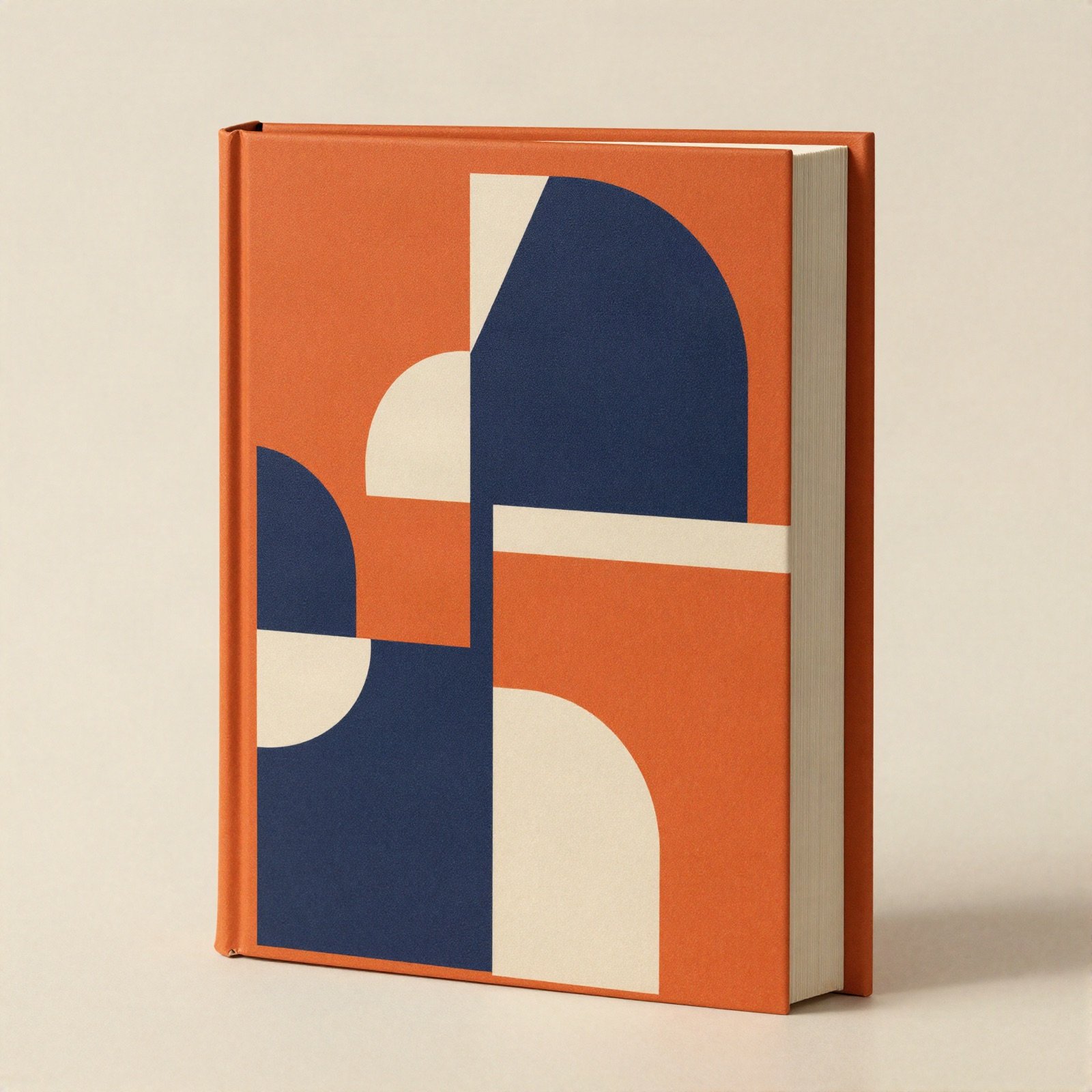 Hardcover book with a bold orange, navy and cream geometric cover