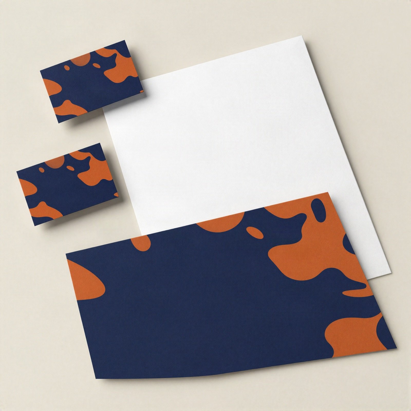Navy and orange patterned business cards, envelope and letterhead