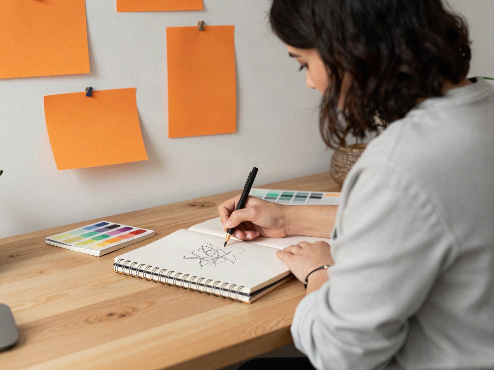 A designer sketching in a notebook at a wooden desk with orange notes pinned on the wall