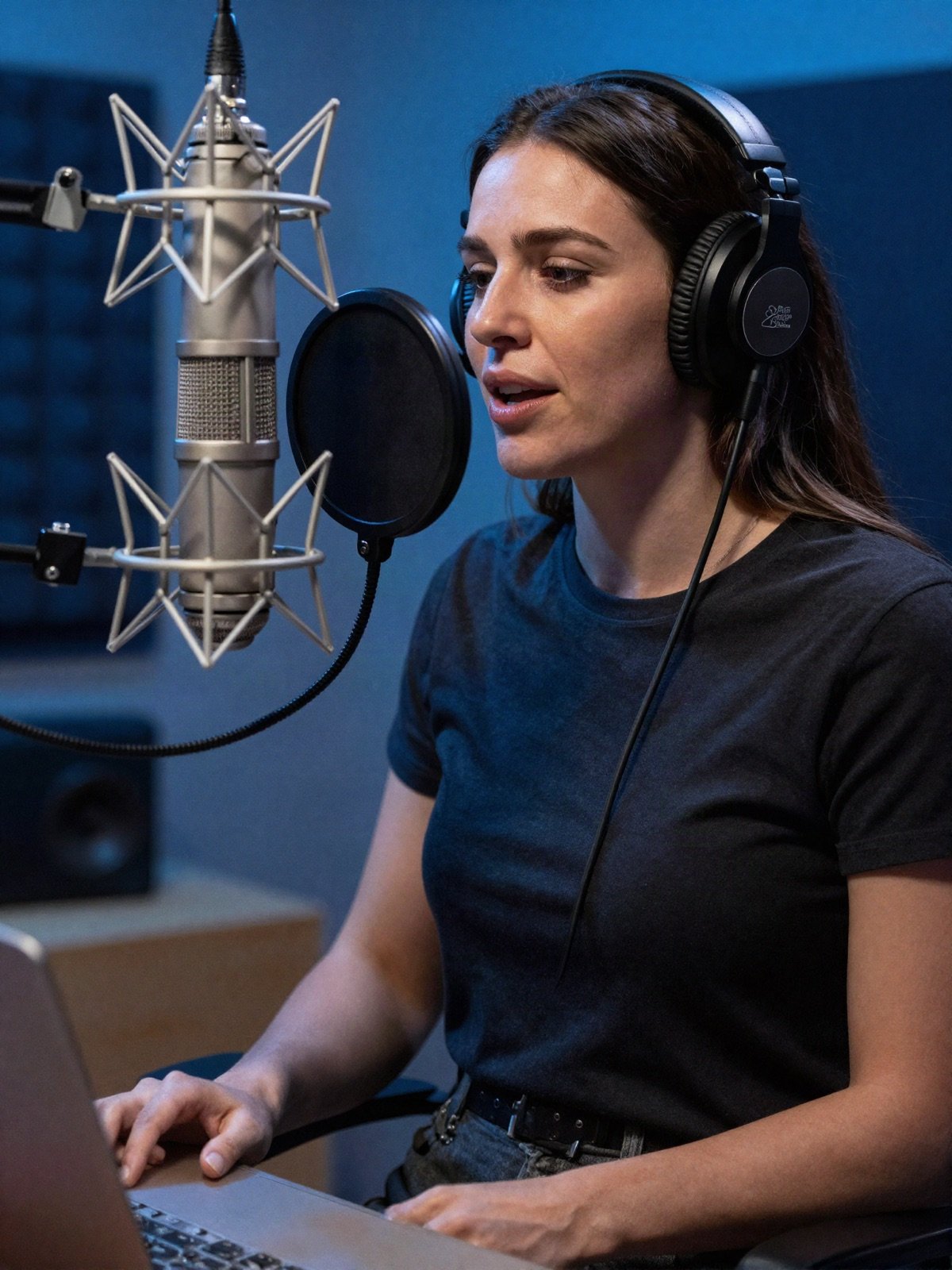 Voice-over artist recording at a studio microphone