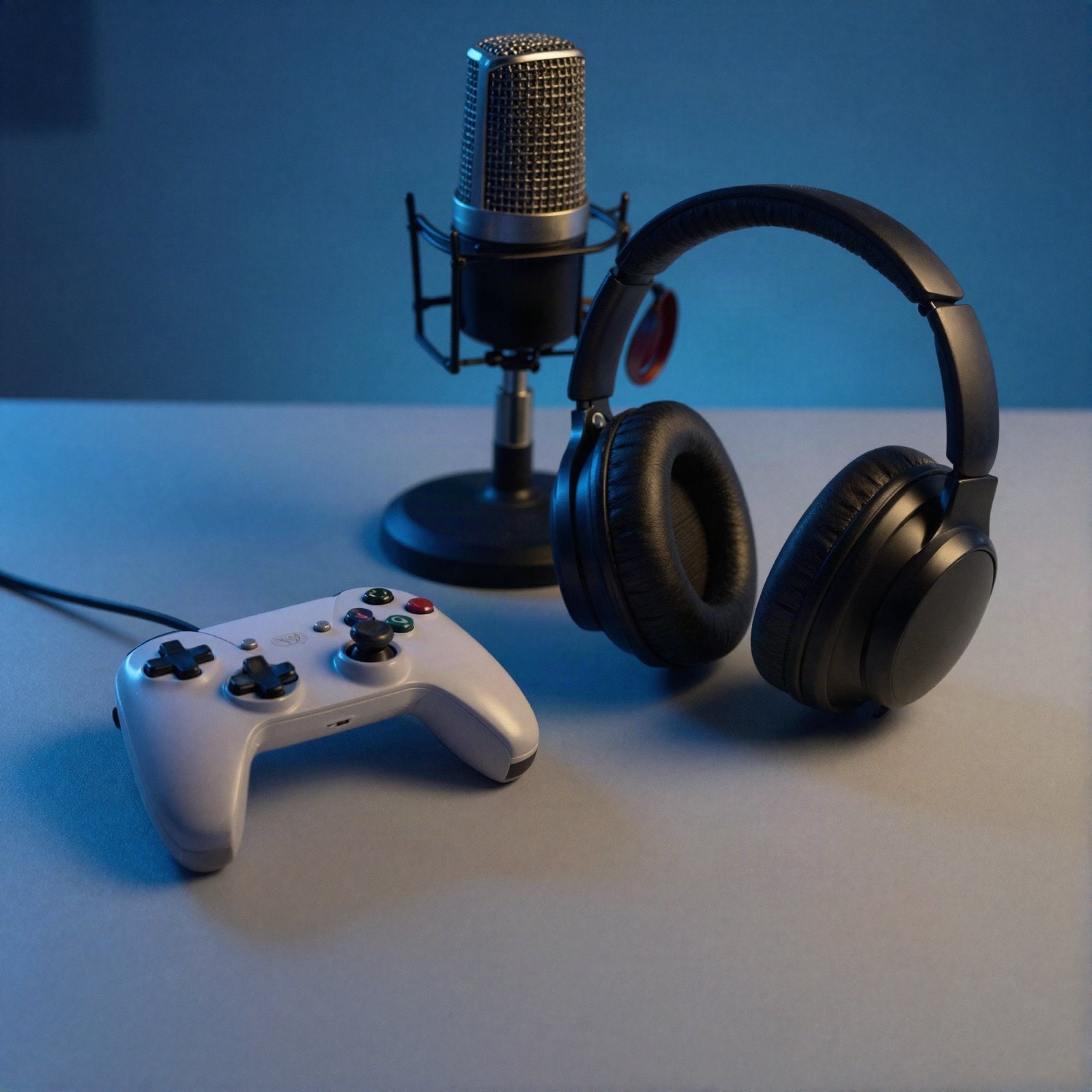 Game controller and headphones next to a microphone