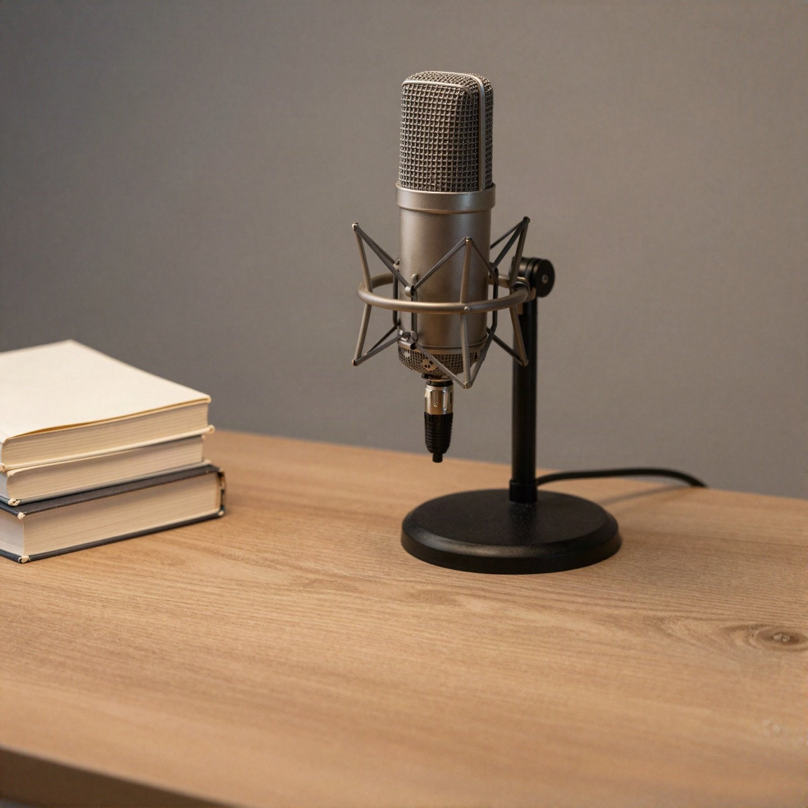 Studio microphone beside a stack of books