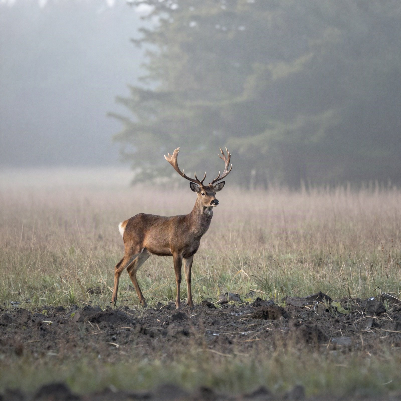 A deer standing in a misty meadow at dawn