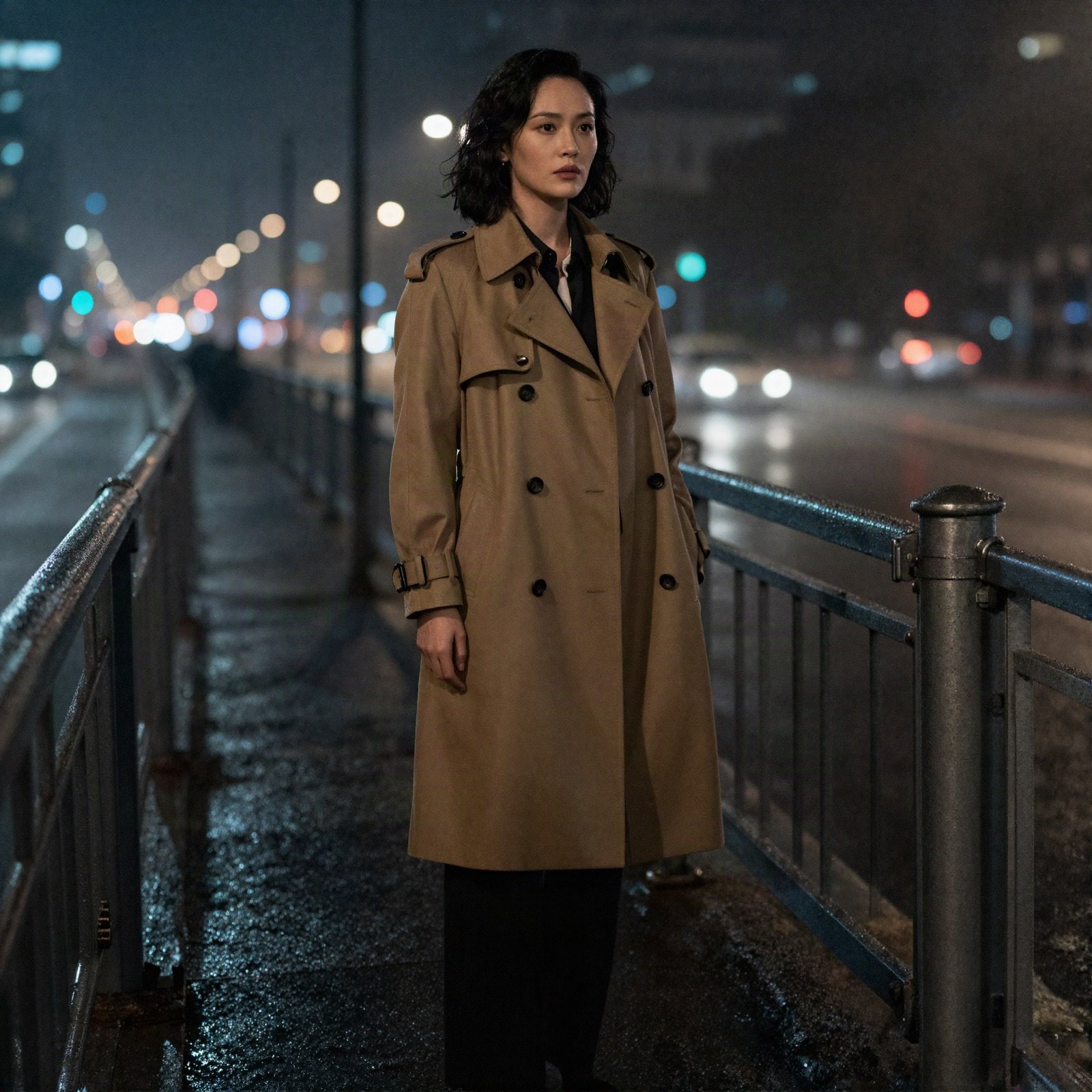 A woman in a trench coat on a rainy bridge at night