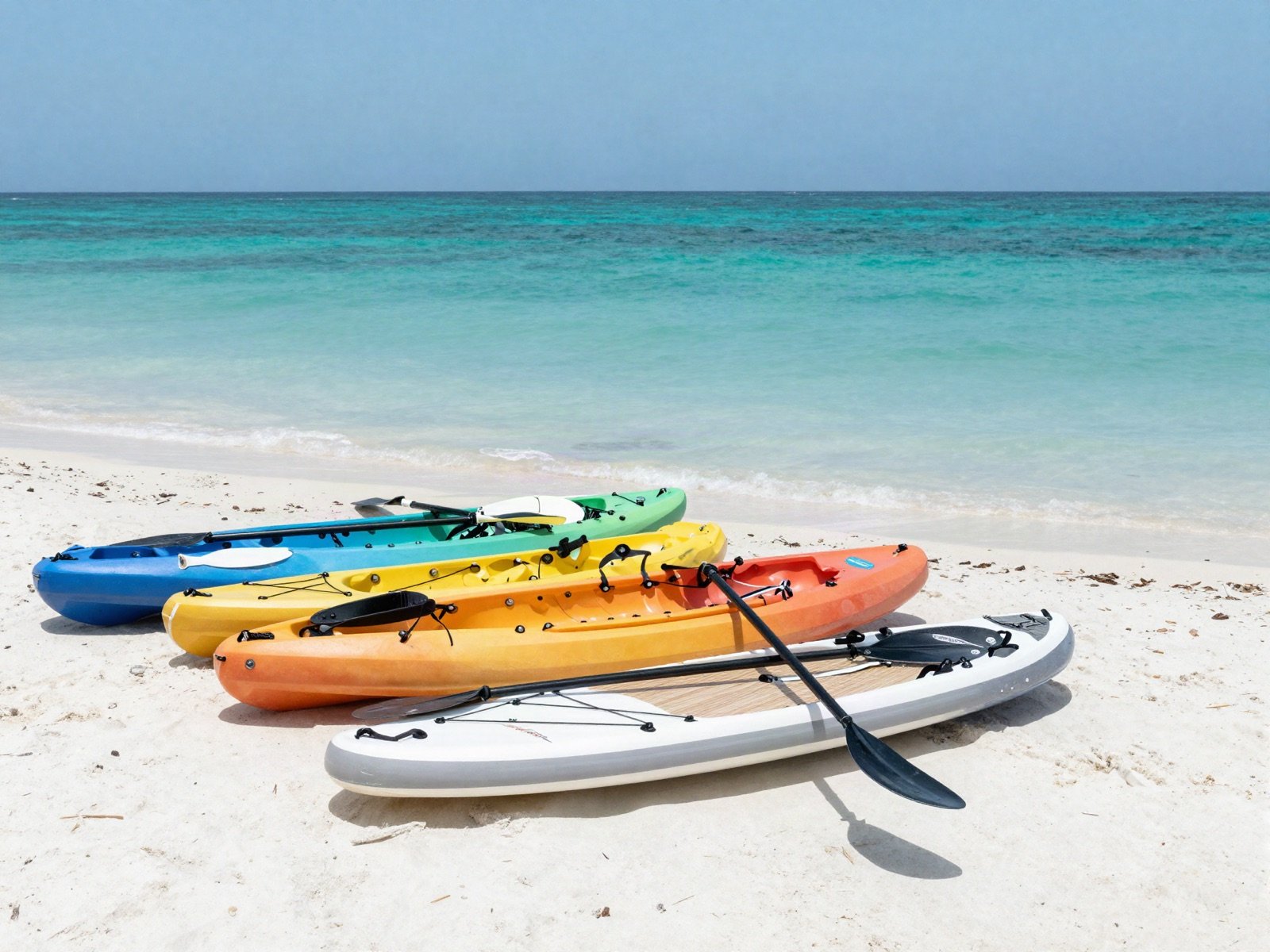 Kayaks and paddleboards lined up on the beach