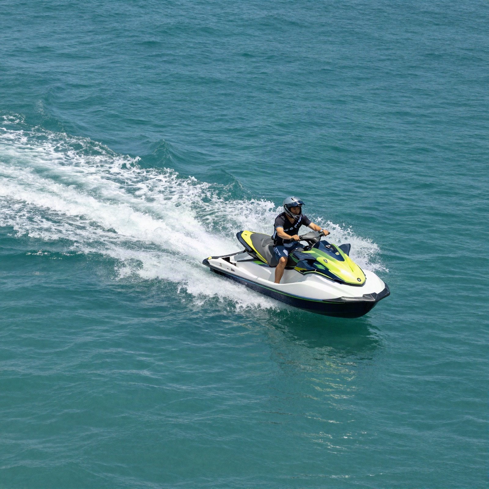 Jet ski rider carving a white wake across turquoise water