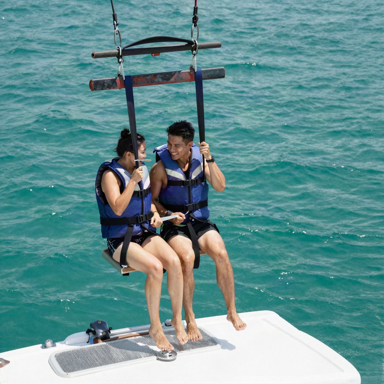Couple in life jackets lifting off in a parasail harness from a boat deck