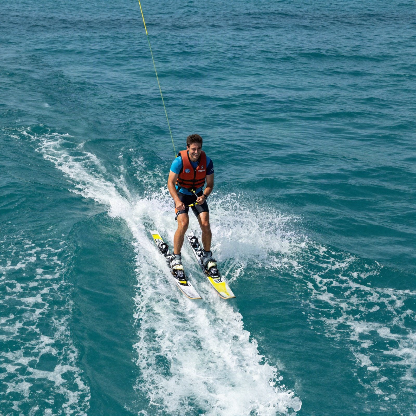 Water skier towed on a rope across turquoise water