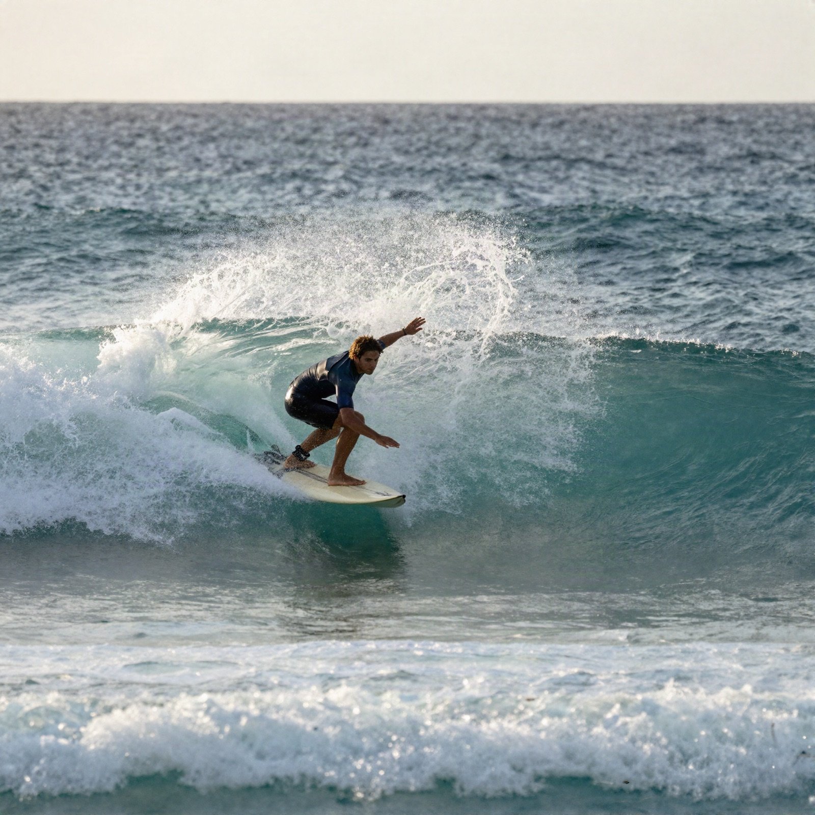 Surfer carving through a breaking turquoise wave