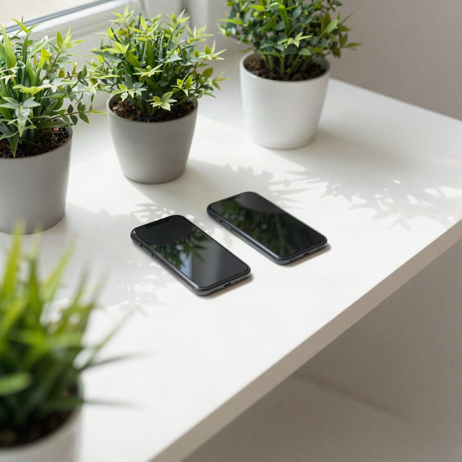 Potted plants and smartphones on a sunny desk