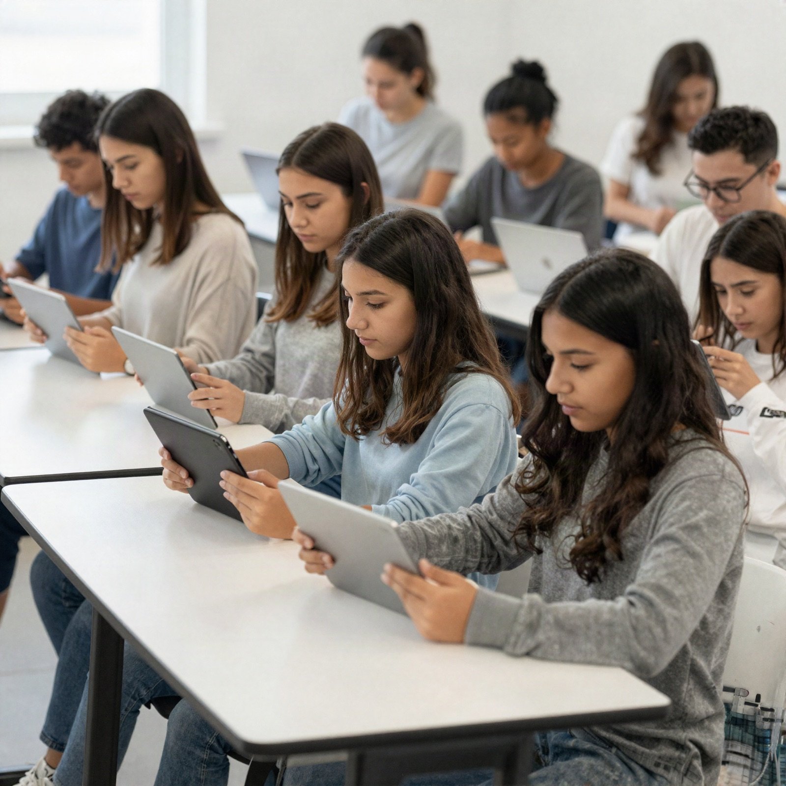 Students using tablets in a bright classroom