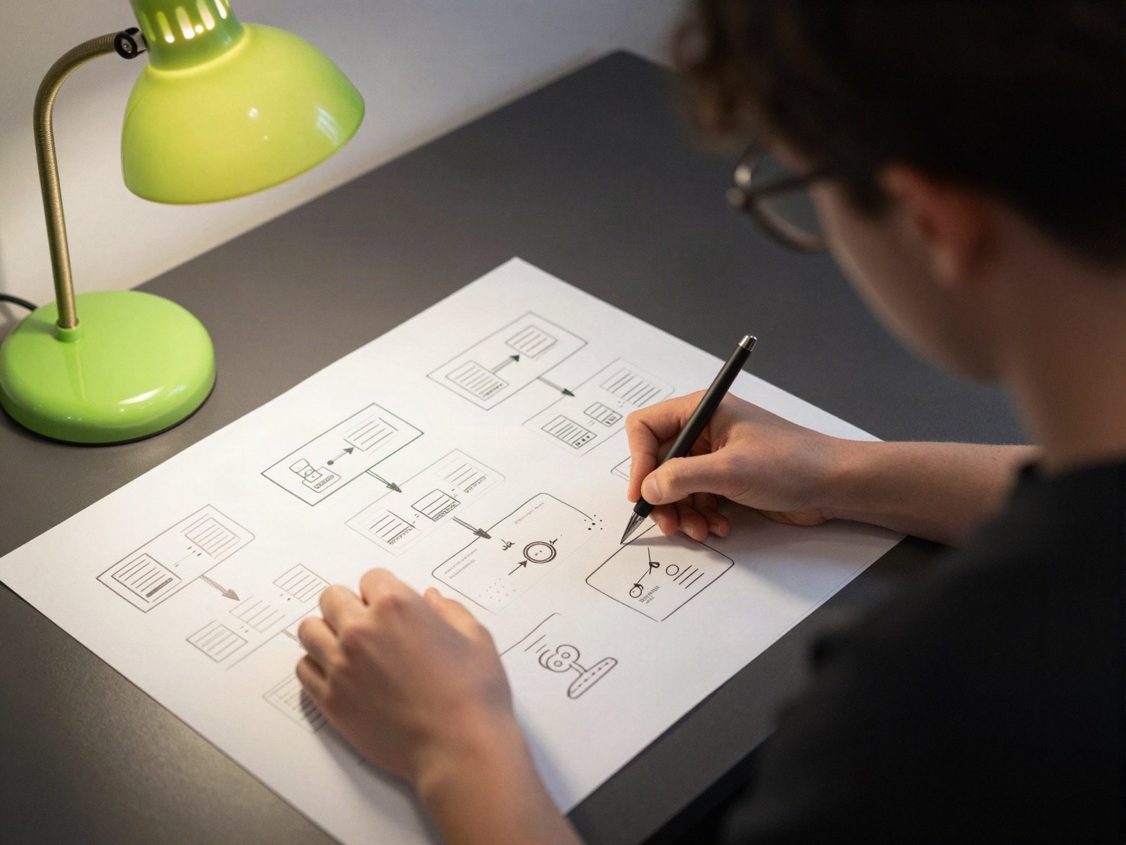 A product designer sketching user flow wireframes on paper