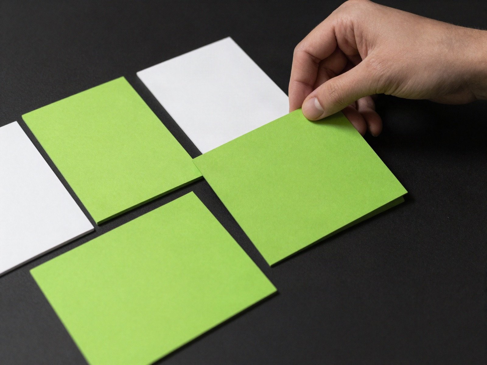 A hand choosing a lime green colour card from blank swatches