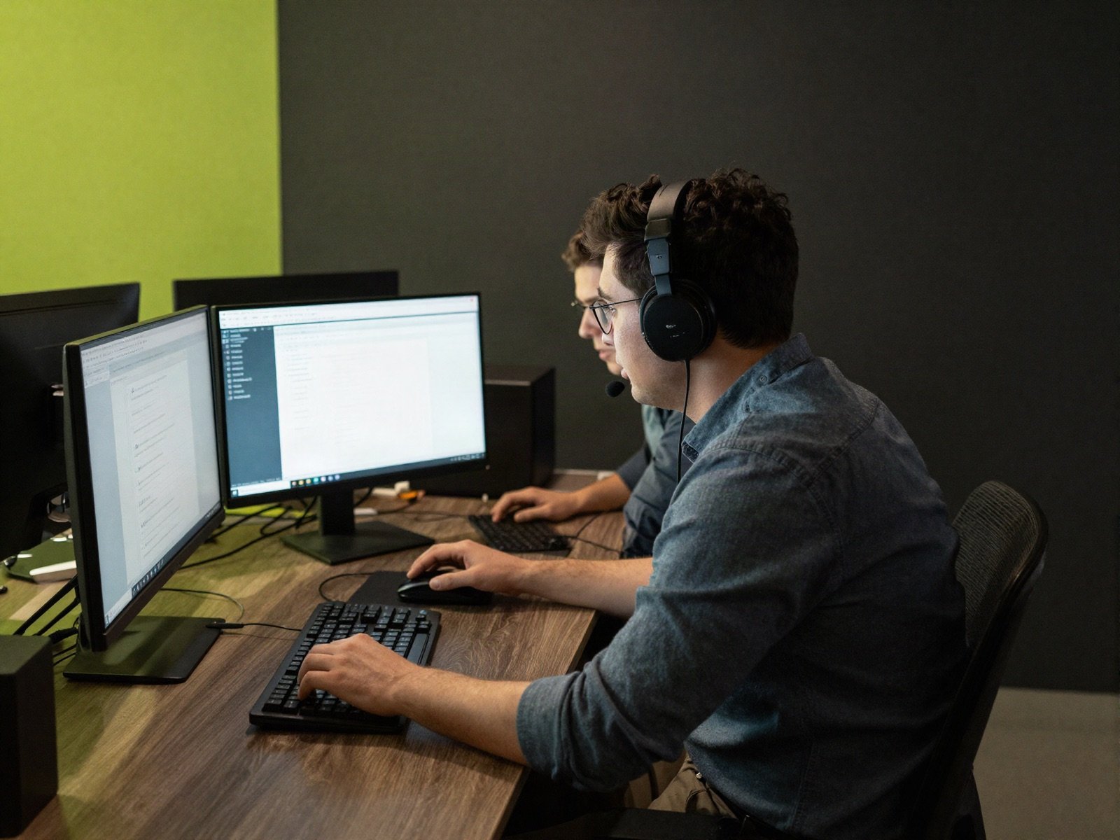 Two web developers working at monitors in a dark studio