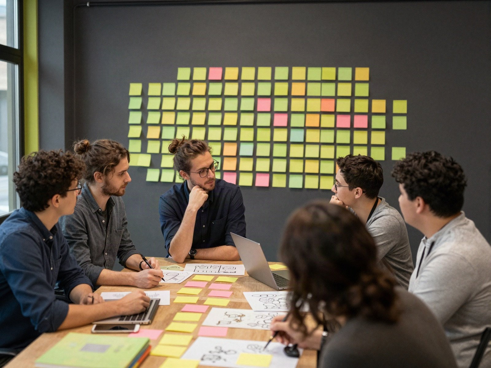 A creative team brainstorming in front of a wall of sticky notes