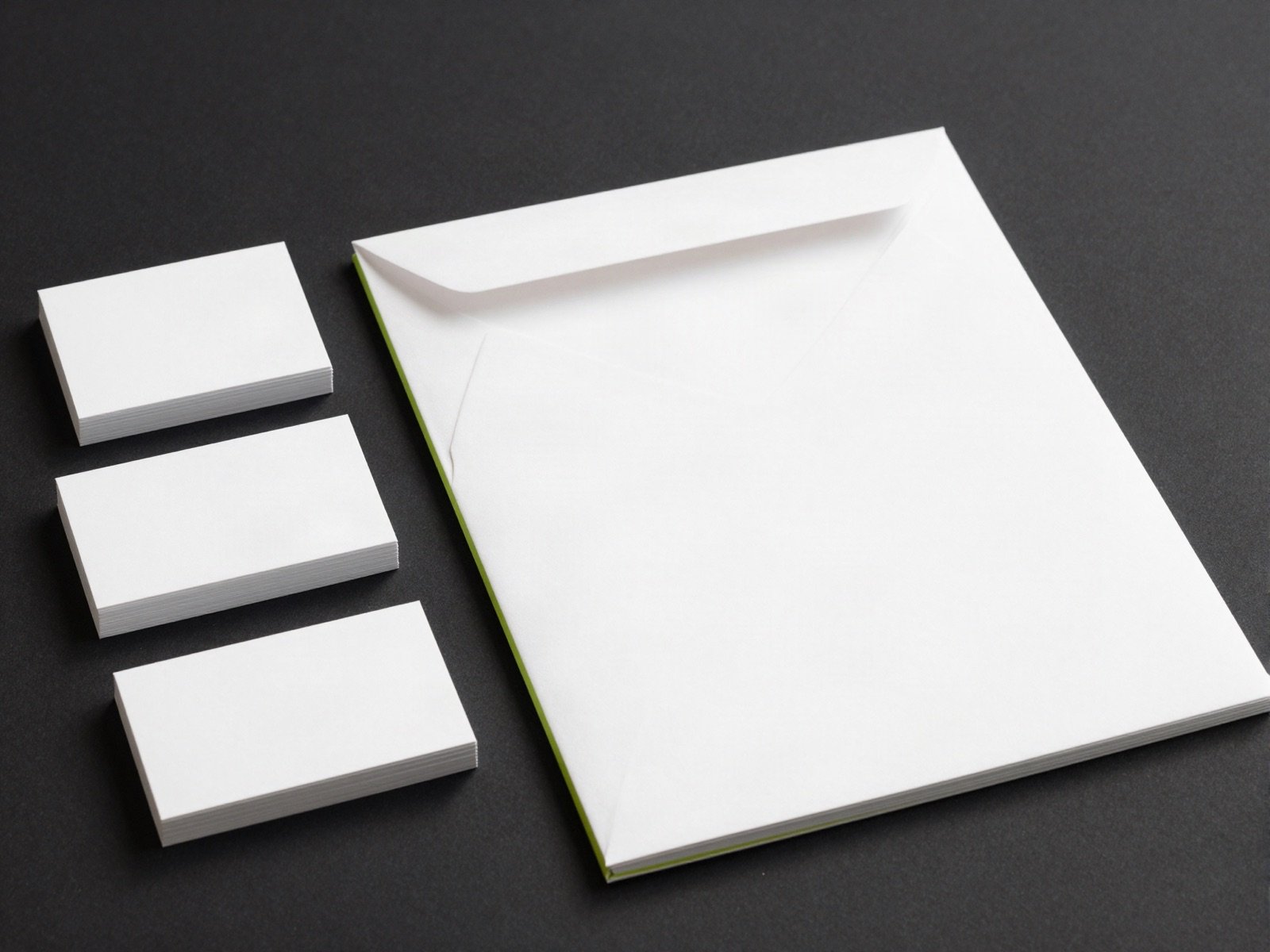 A blank stationery set with business cards and an envelope