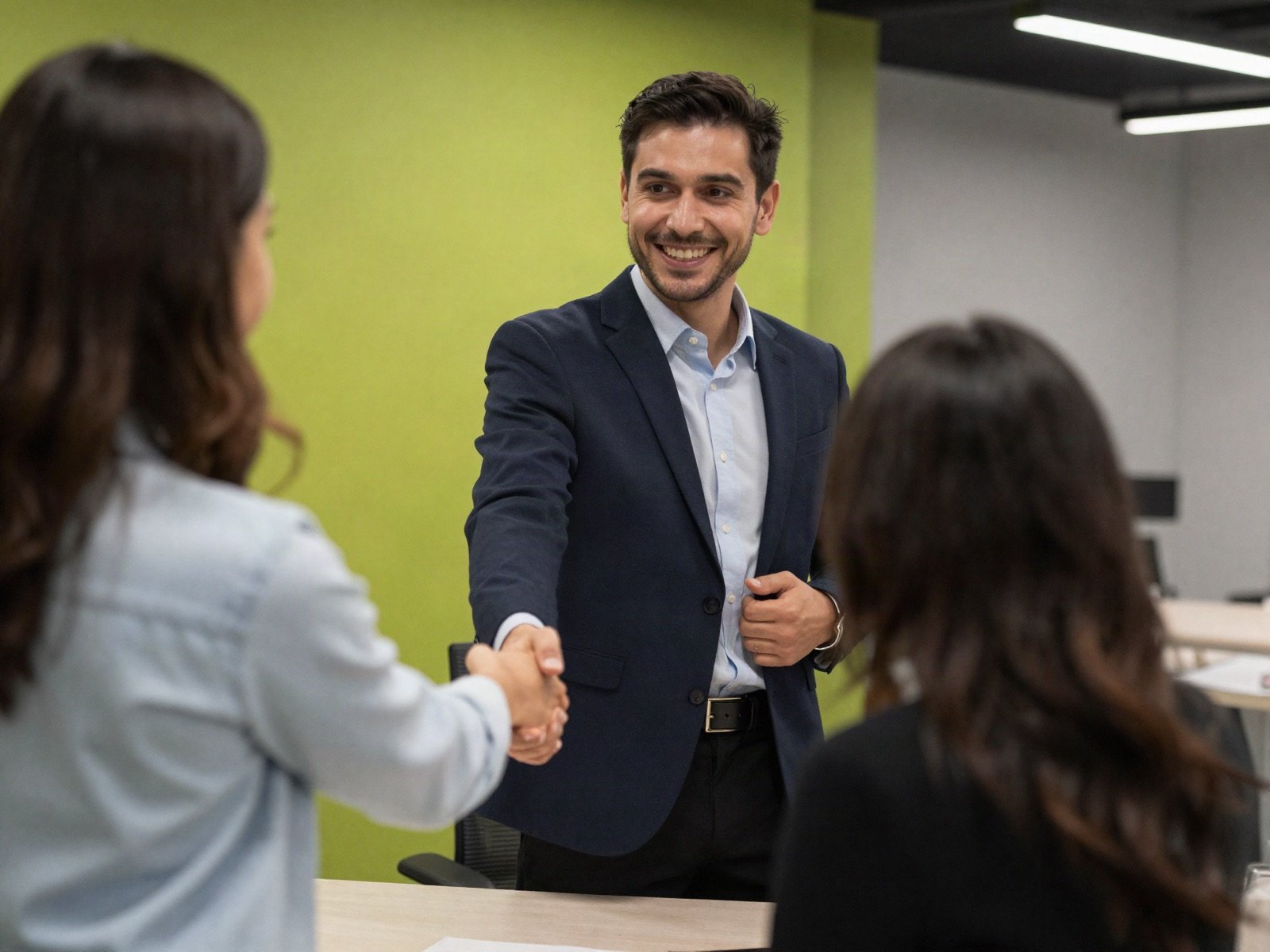 An account manager welcoming a new client with a handshake