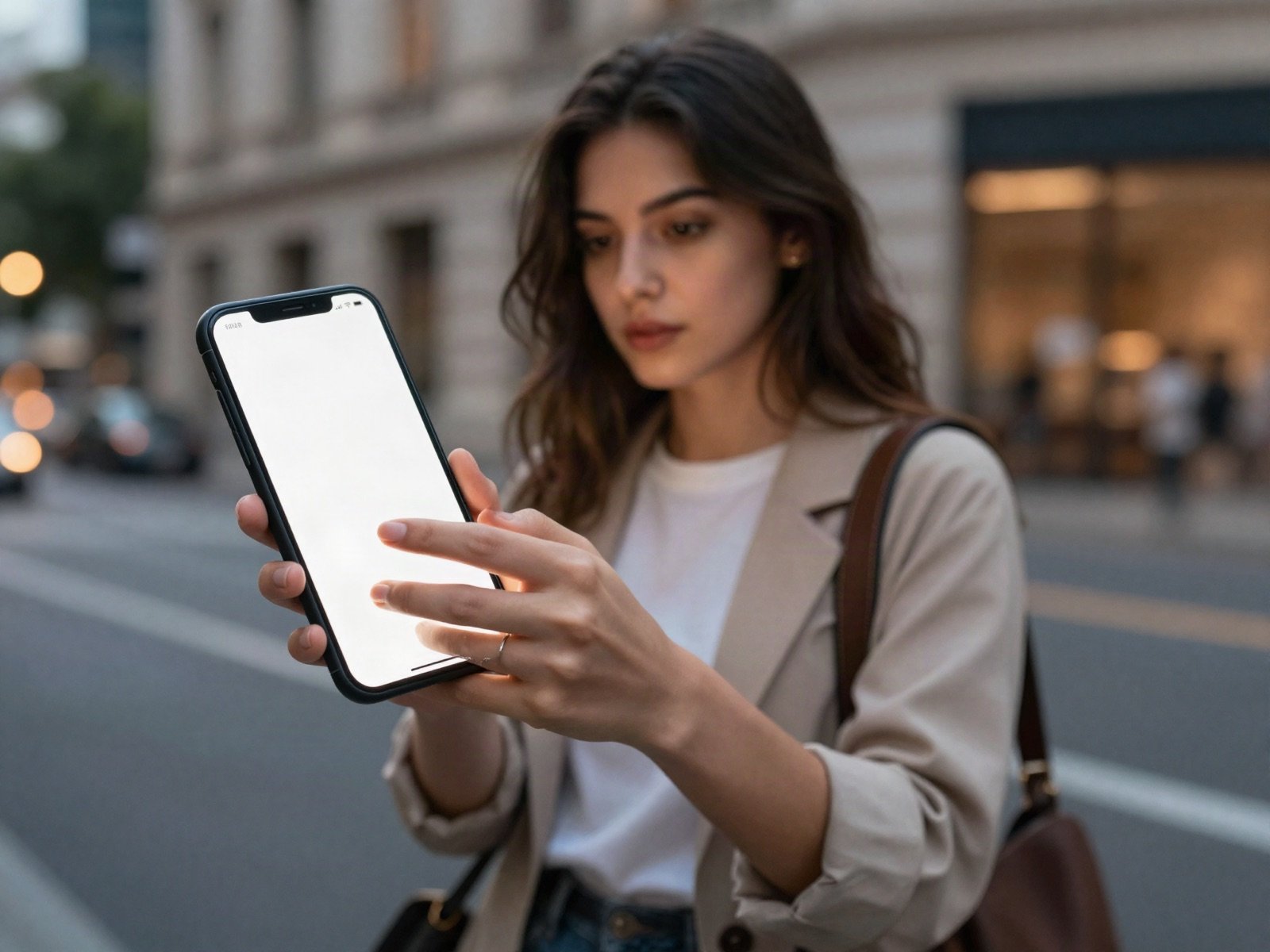 A woman using her smartphone on a city street at dusk