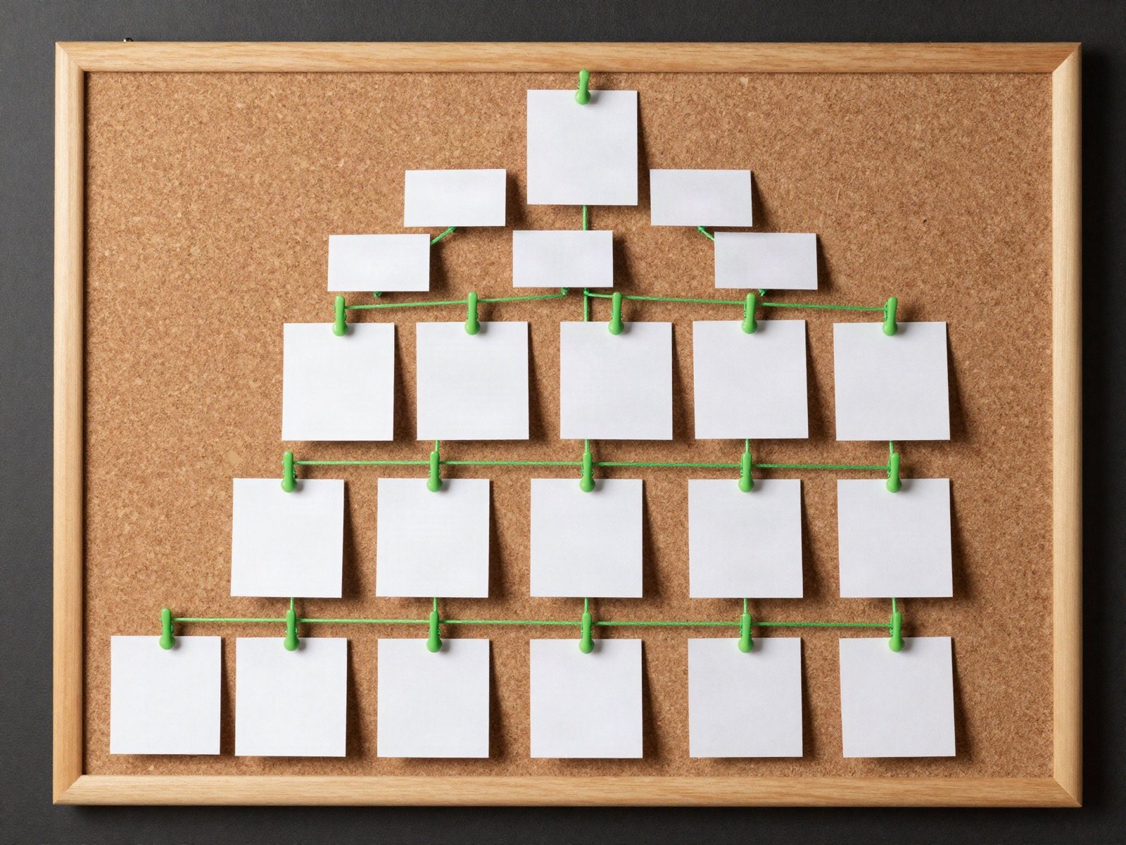Blank cards pinned in a site hierarchy on a corkboard