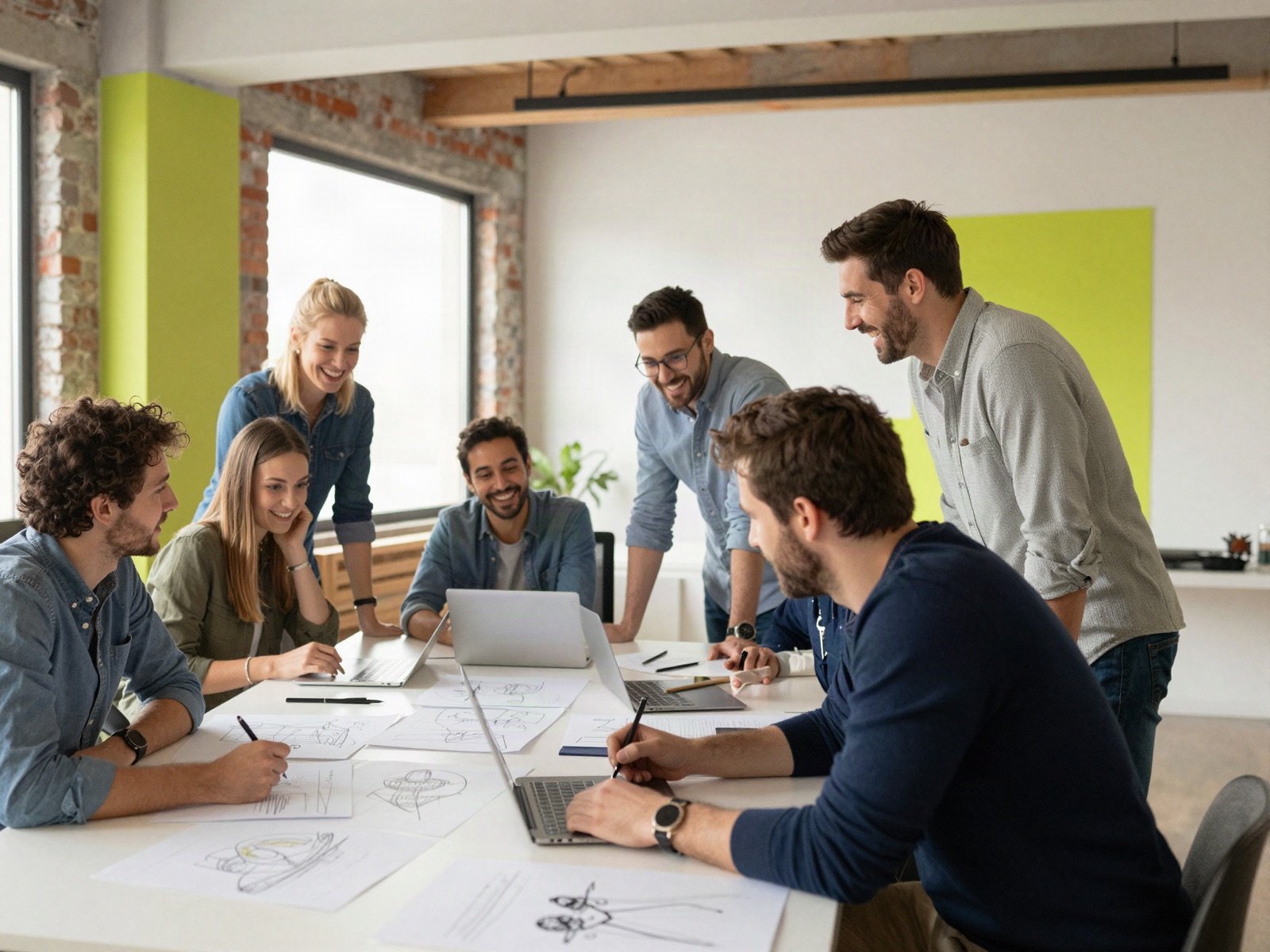 A design team collaborating around a table in a loft studio