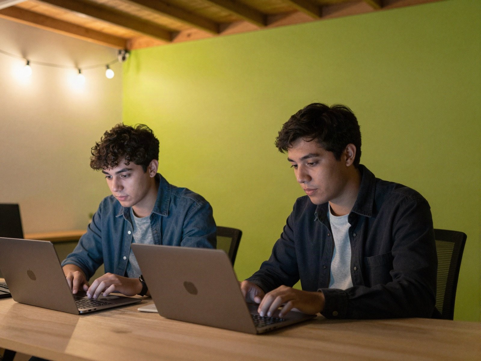 Two founders working on laptops in a small garage studio