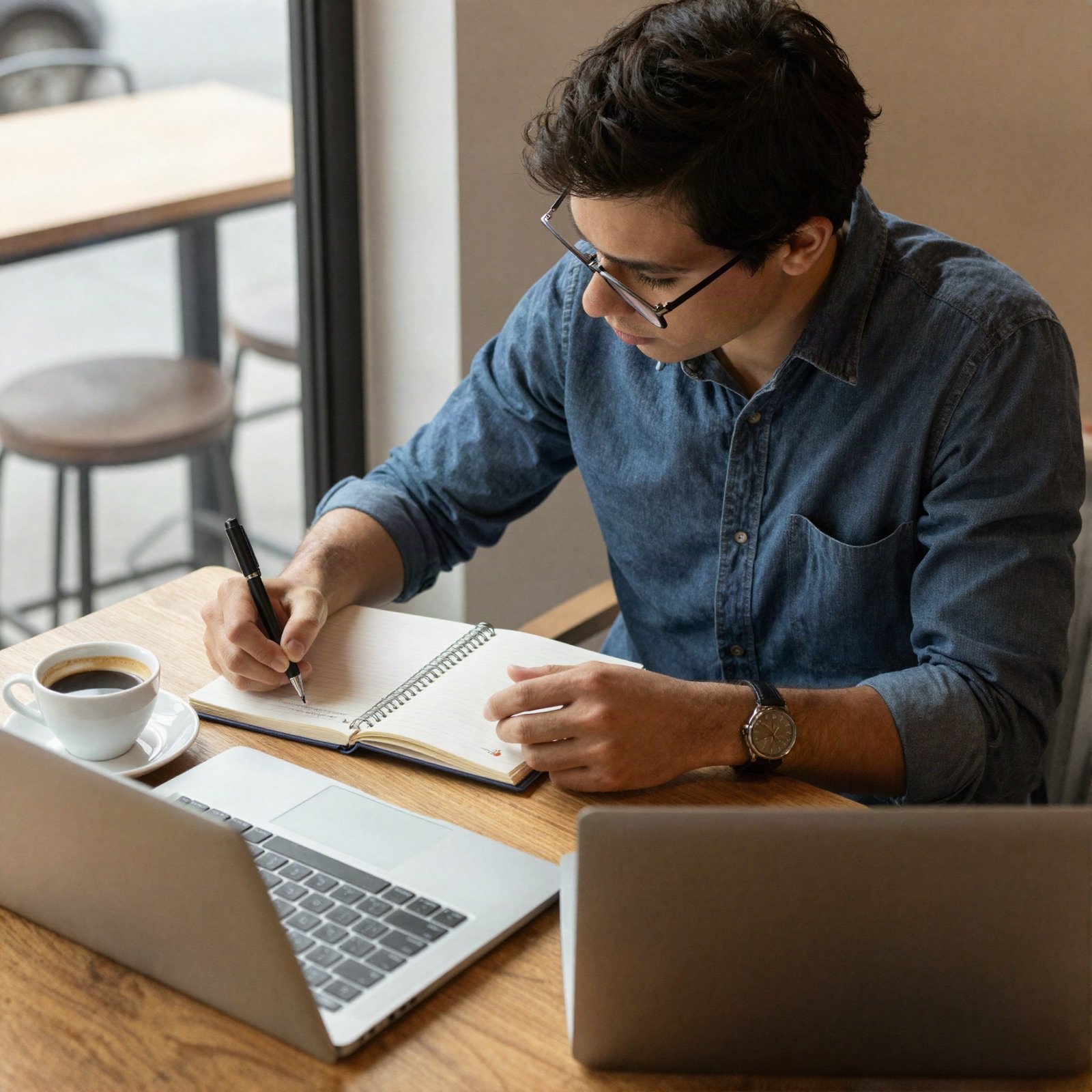 A designer working remotely at a cafe window