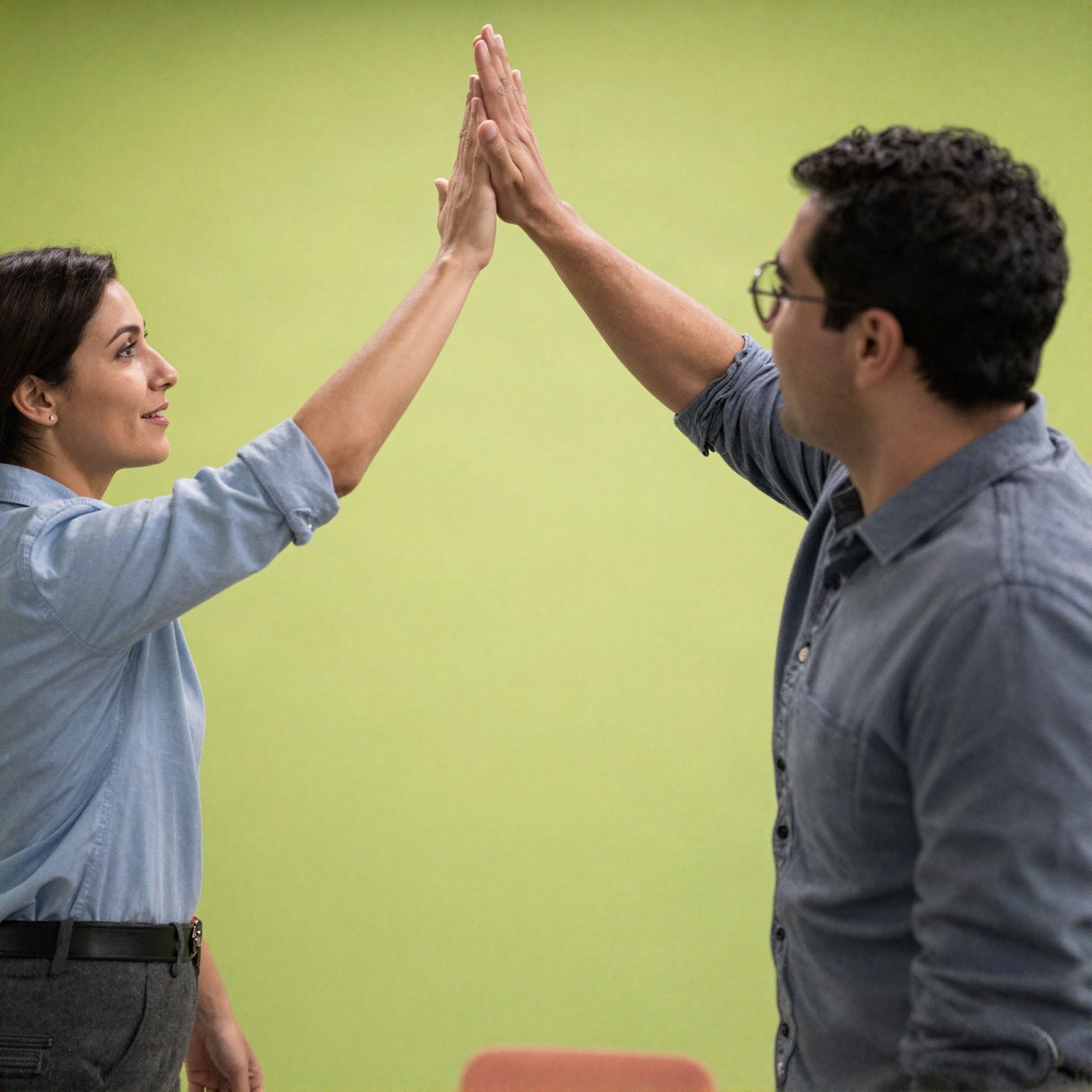 Two colleagues high-fiving in the office