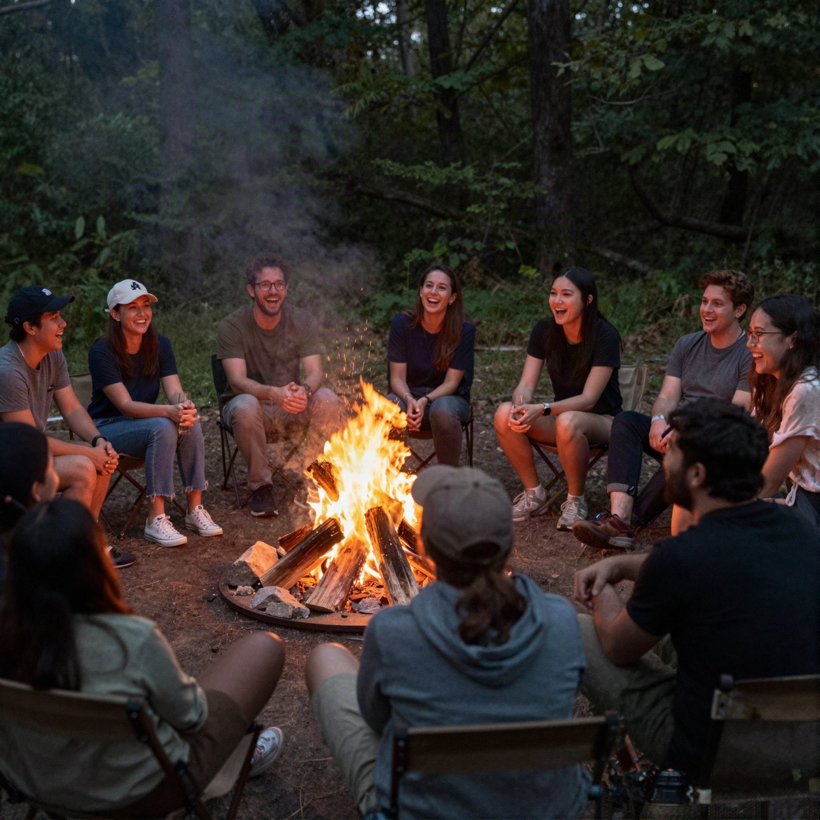 The team around a campfire on a company retreat