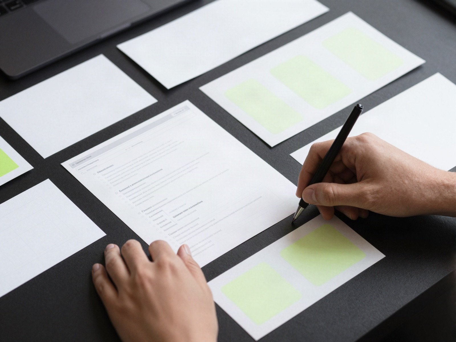 A UX designer arranging paper prototype screens